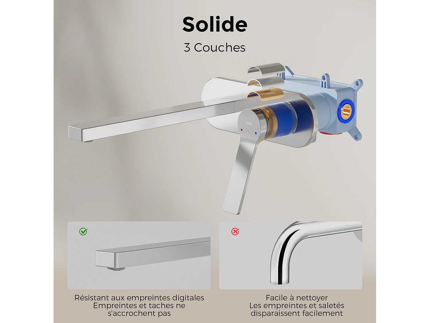 EMKE Mitigeur de lavabo mural encastrable chromé cartouche céramique laiton L.21xH.7 cm