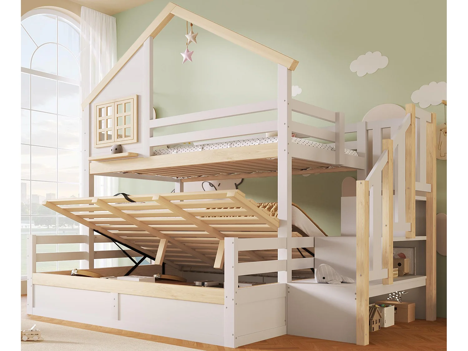 Stapelbed 90x200cm + 140x200cm - met veiligheidshekken - met opbergtrap - wit + natuurlijke kleur​ (matras niet inbegrepen)