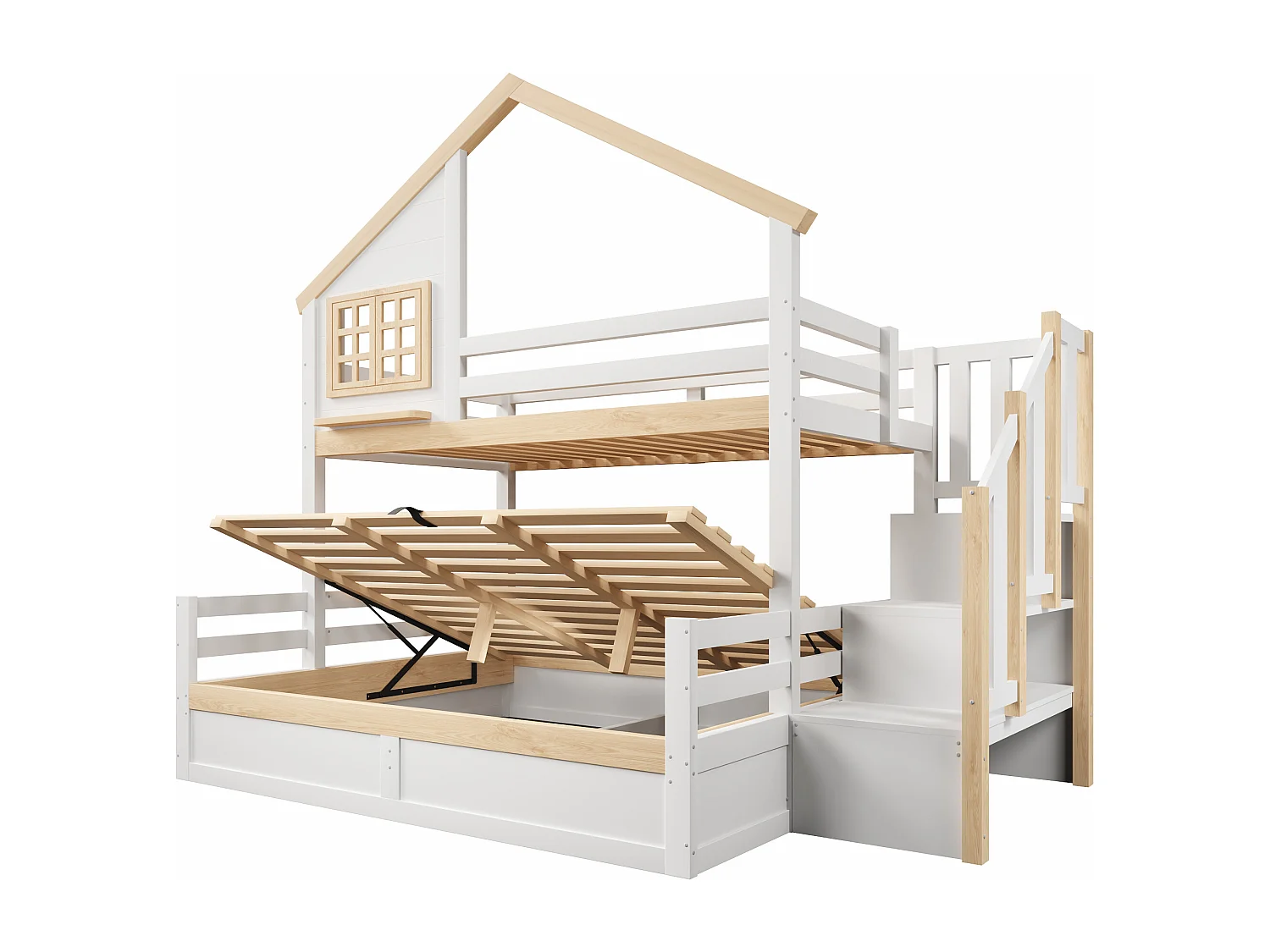 Stapelbed 90x200cm + 140x200cm - met veiligheidshekken - met opbergtrap - wit + natuurlijke kleur​ (matras niet inbegrepen)