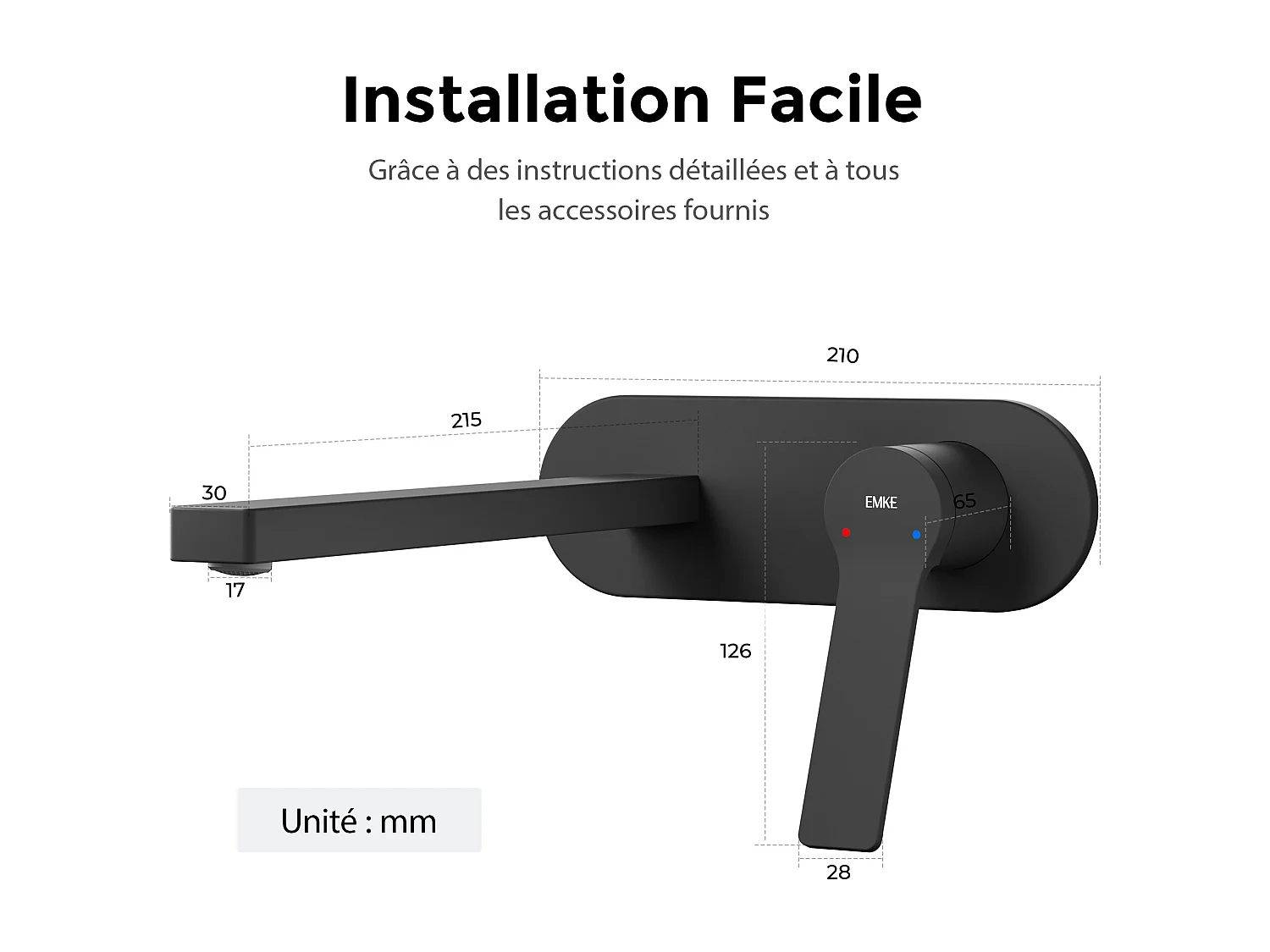 EMKE Mitigeur de lavabo mural encastrable noir mat cartouche céramique laiton L.21xH.7 cm