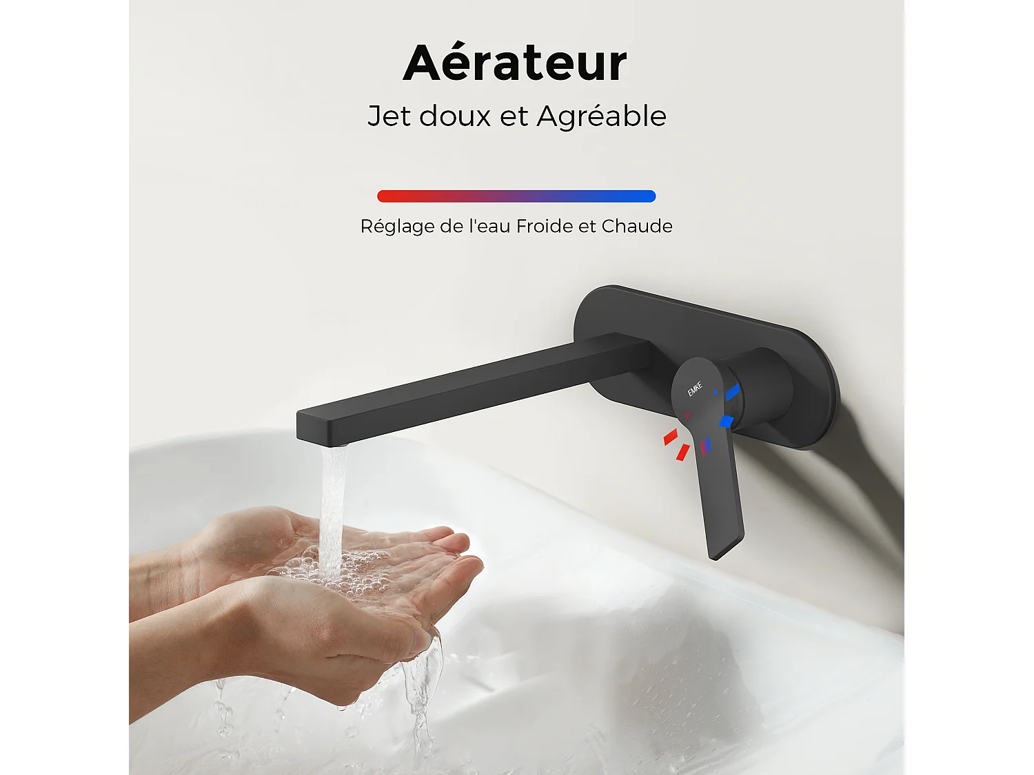 EMKE Mitigeur de lavabo mural encastrable noir mat cartouche céramique laiton L.21xH.7 cm