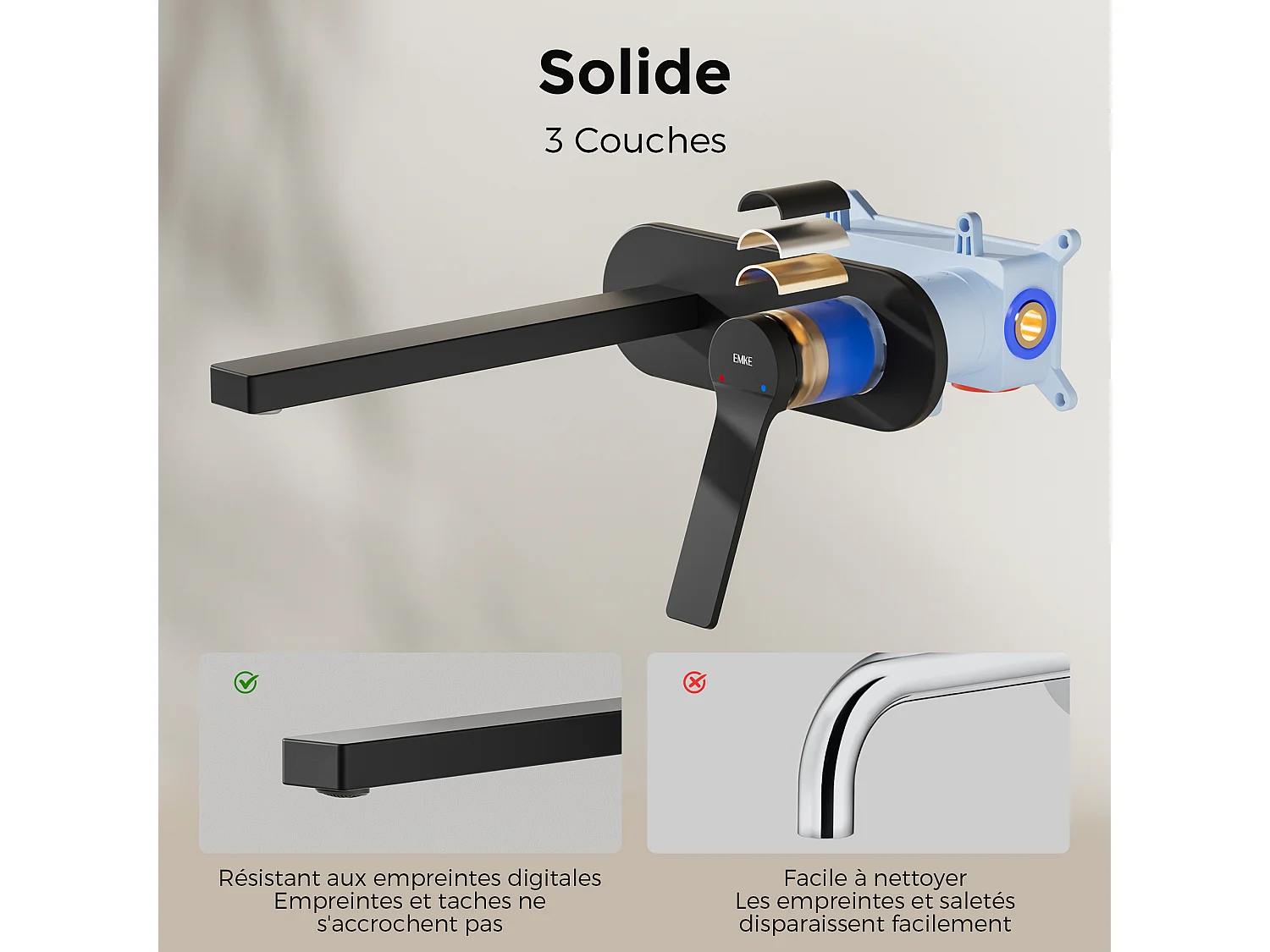 EMKE Mitigeur de lavabo mural encastrable noir mat cartouche céramique laiton L.21xH.7 cm