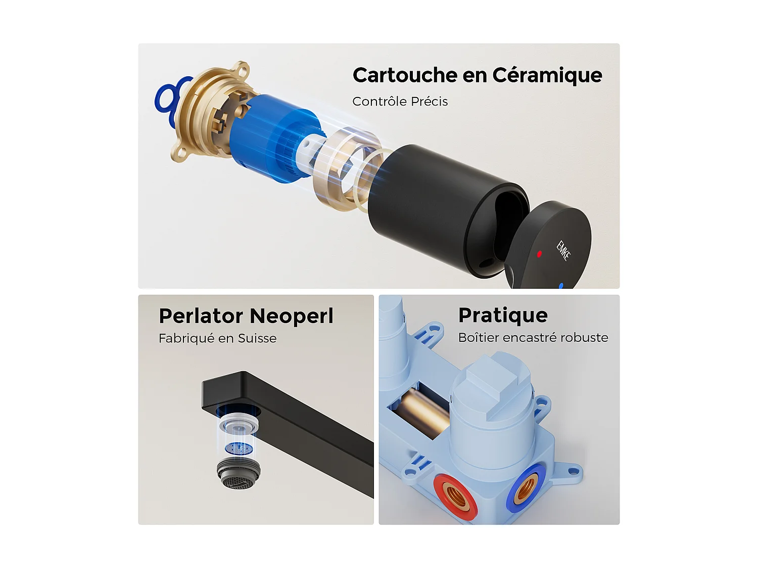 EMKE Mitigeur de lavabo mural encastrable noir mat cartouche céramique laiton L.21xH.7 cm