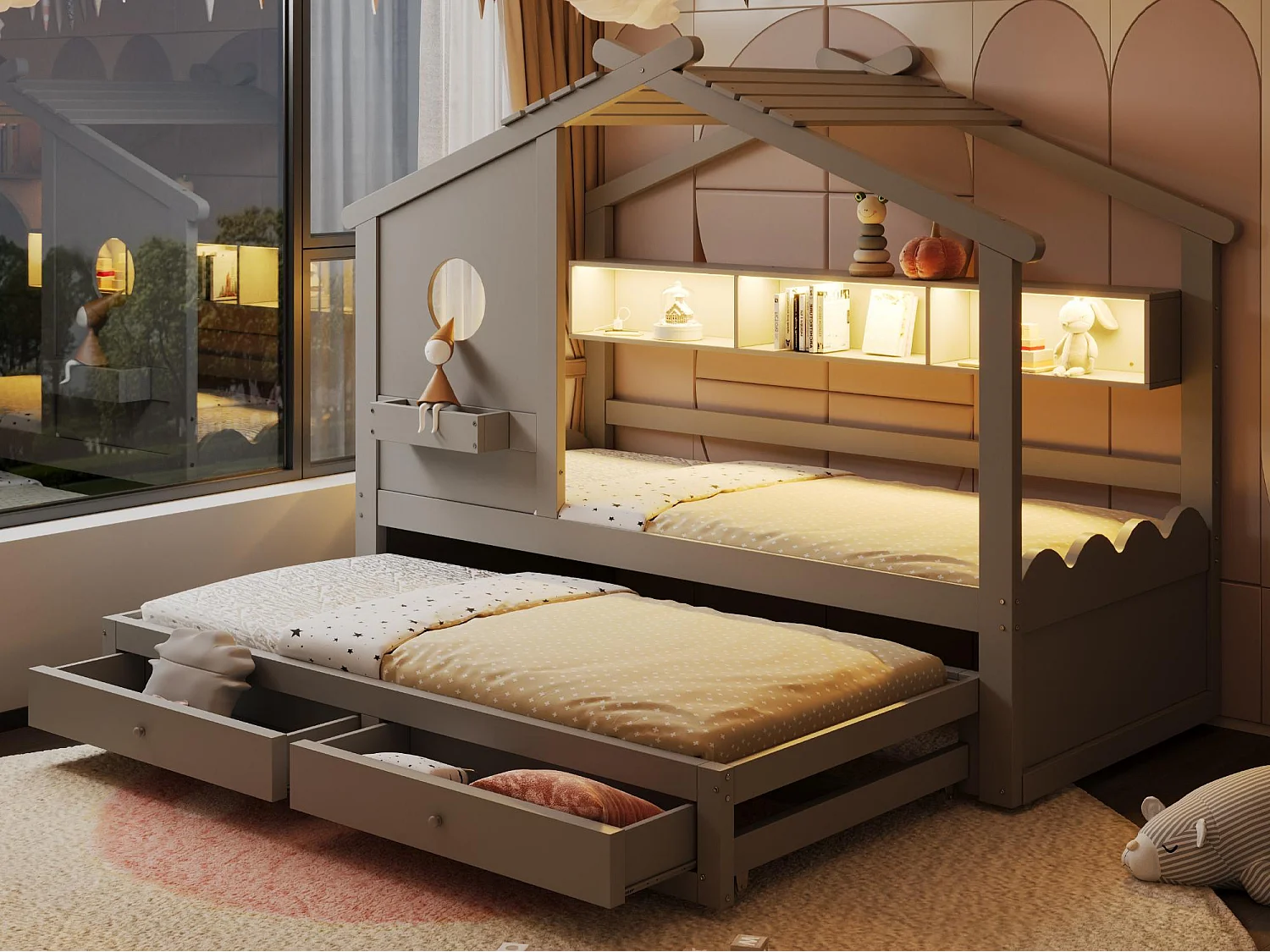 Lit cabane enfant 90x200cm - avec lit gigogne 90x190cm - avec 2 tiroirs - avec ports de chargement USB + Type-C - avec lumières LED - gris