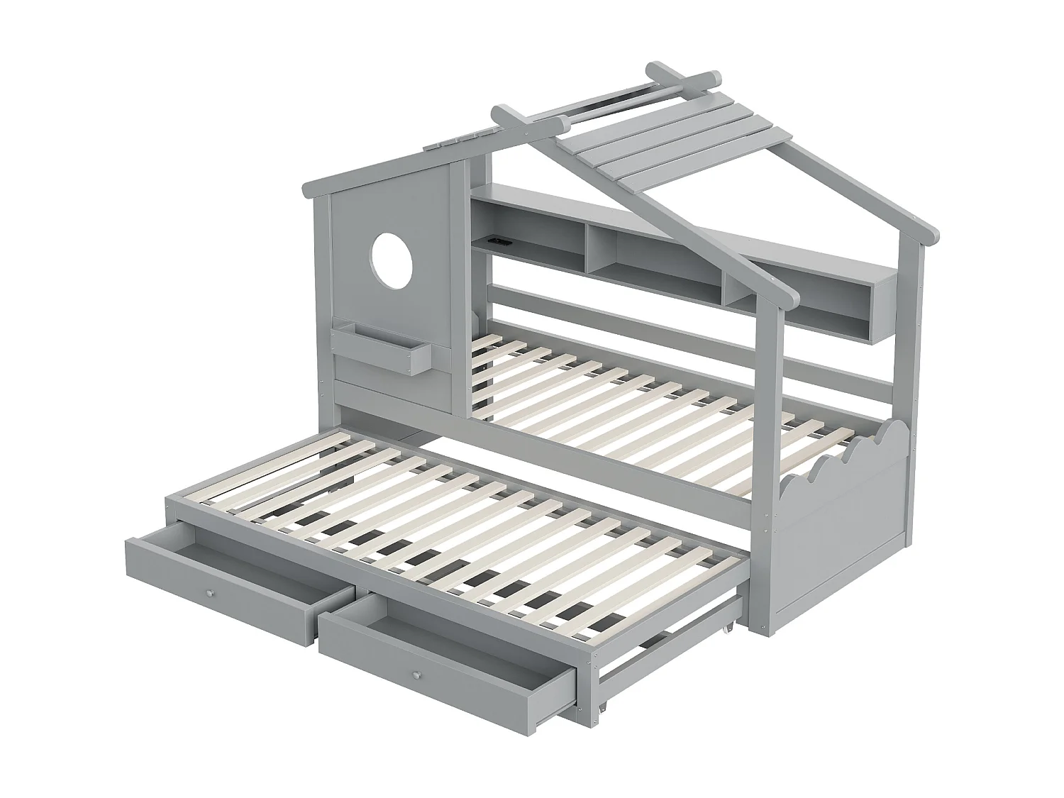 Lit cabane enfant 90x200cm - avec lit gigogne 90x190cm - avec 2 tiroirs - avec ports de chargement USB + Type-C - avec lumières LED - gris