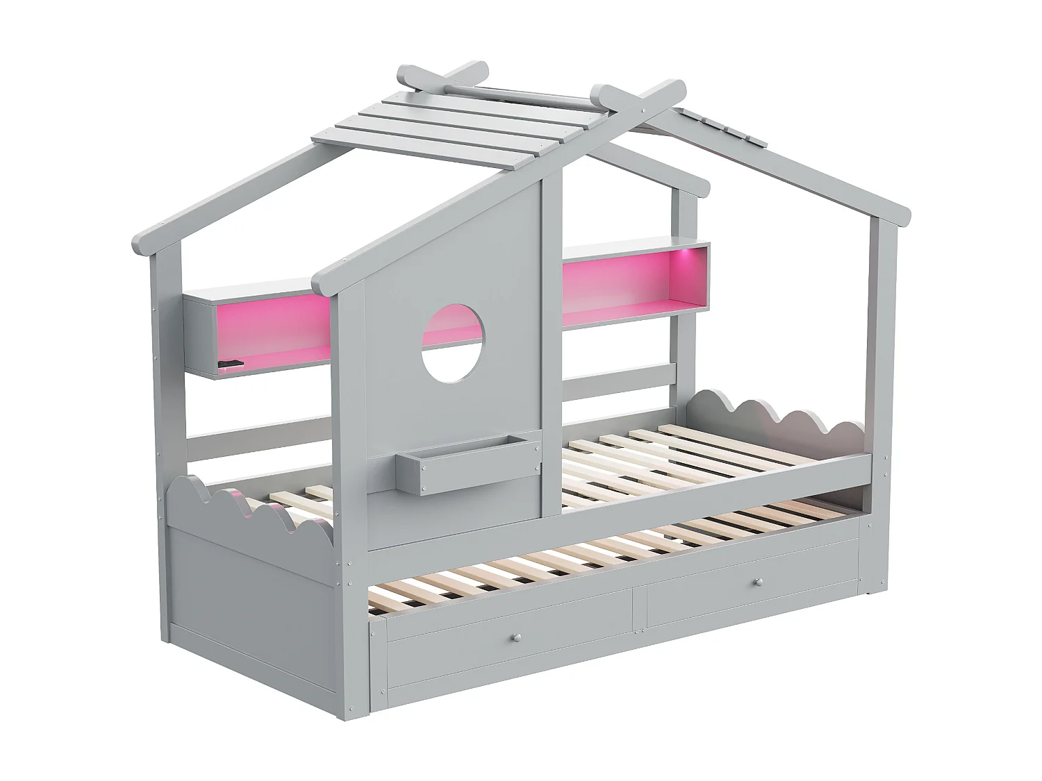 Lit cabane enfant 90x200cm - avec lit gigogne 90x190cm - avec 2 tiroirs - avec ports de chargement USB + Type-C - avec lumières LED - gris