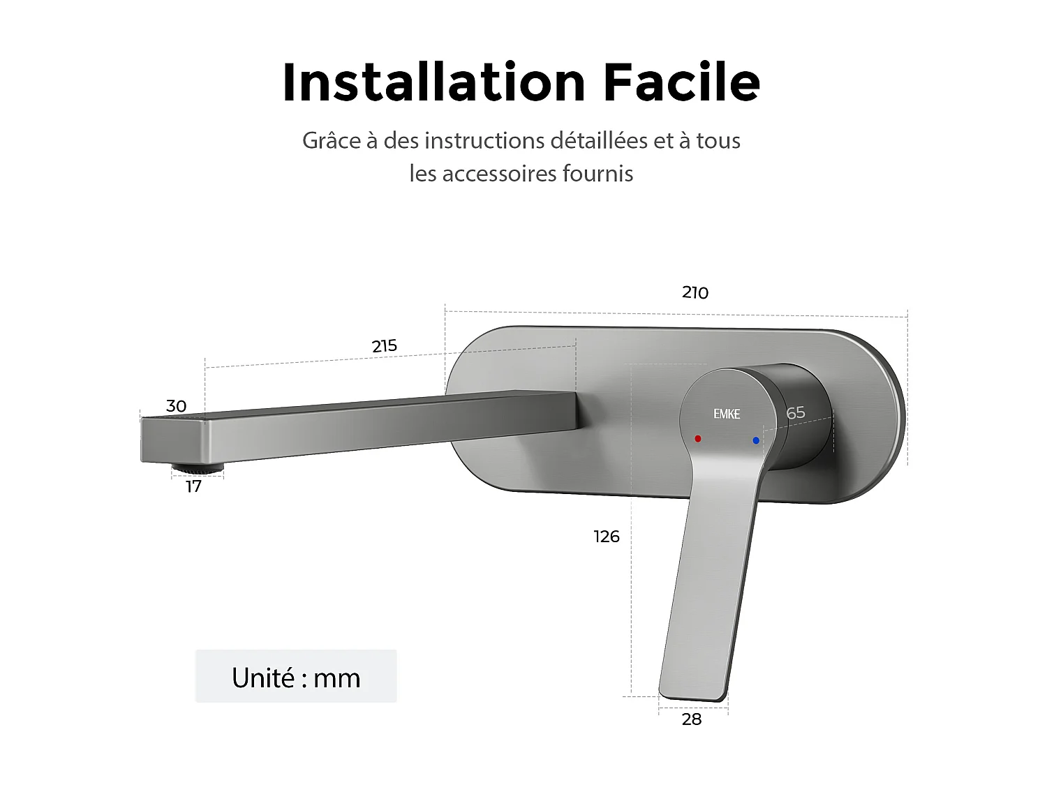 EMKE Mitigeur de lavabo mural encastrable anthracite cartouche céramique laiton L.21xH.7 cm