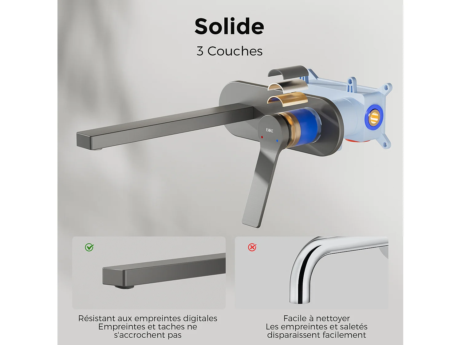 EMKE Mitigeur de lavabo mural encastrable anthracite cartouche céramique laiton L.21xH.7 cm