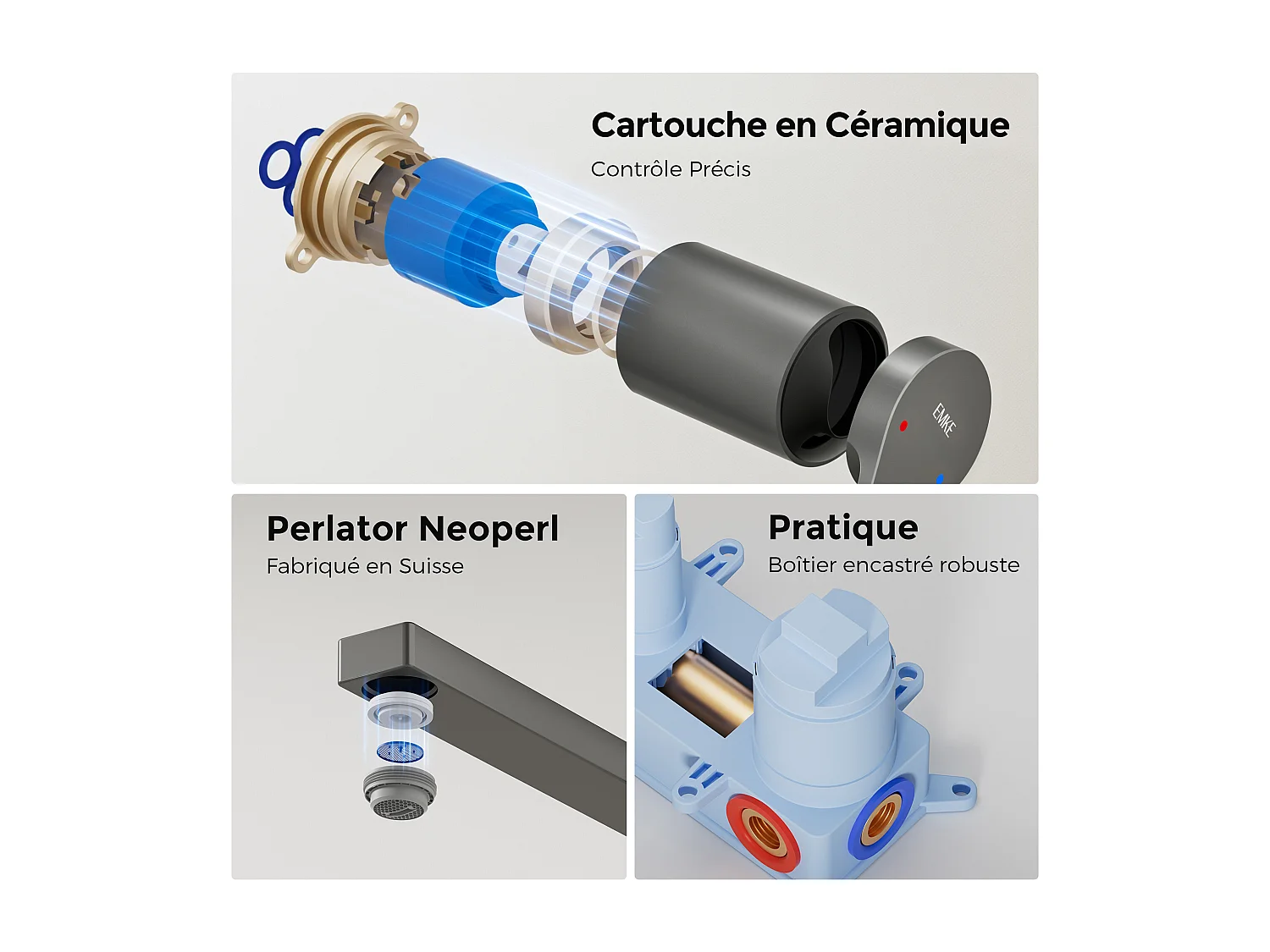 EMKE Mitigeur de lavabo mural encastrable anthracite cartouche céramique laiton L.21xH.7 cm