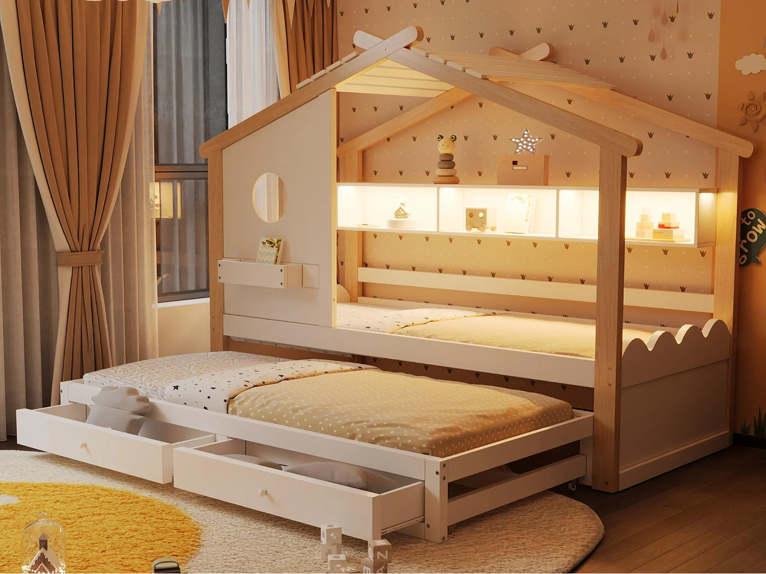 Kinderbett 90x200cm - mit Gästebett 90x190cm - mit 2 Schubladen - mit USB- und Type-C-Ladeanschlüssen - mit LED-Lichtern - weiß+natur​