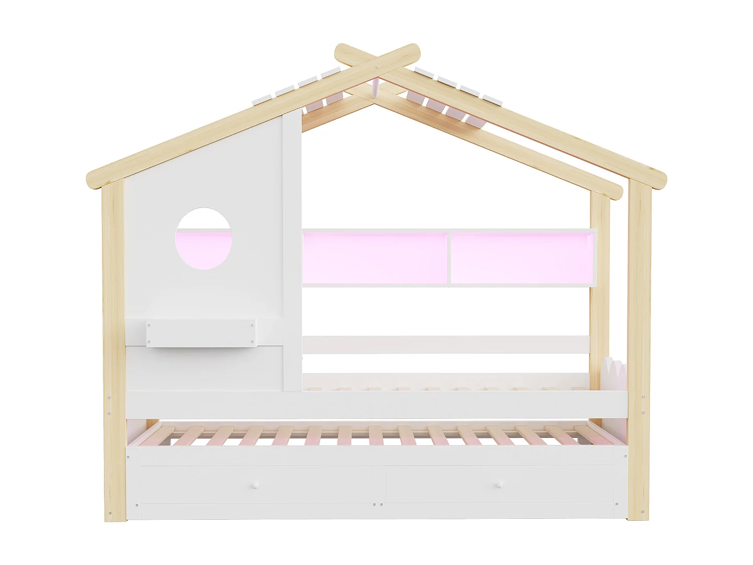 Kinderbett 90x200cm - mit Gästebett 90x190cm - mit 2 Schubladen - mit USB- und Type-C-Ladeanschlüssen - mit LED-Lichtern - weiß+natur​