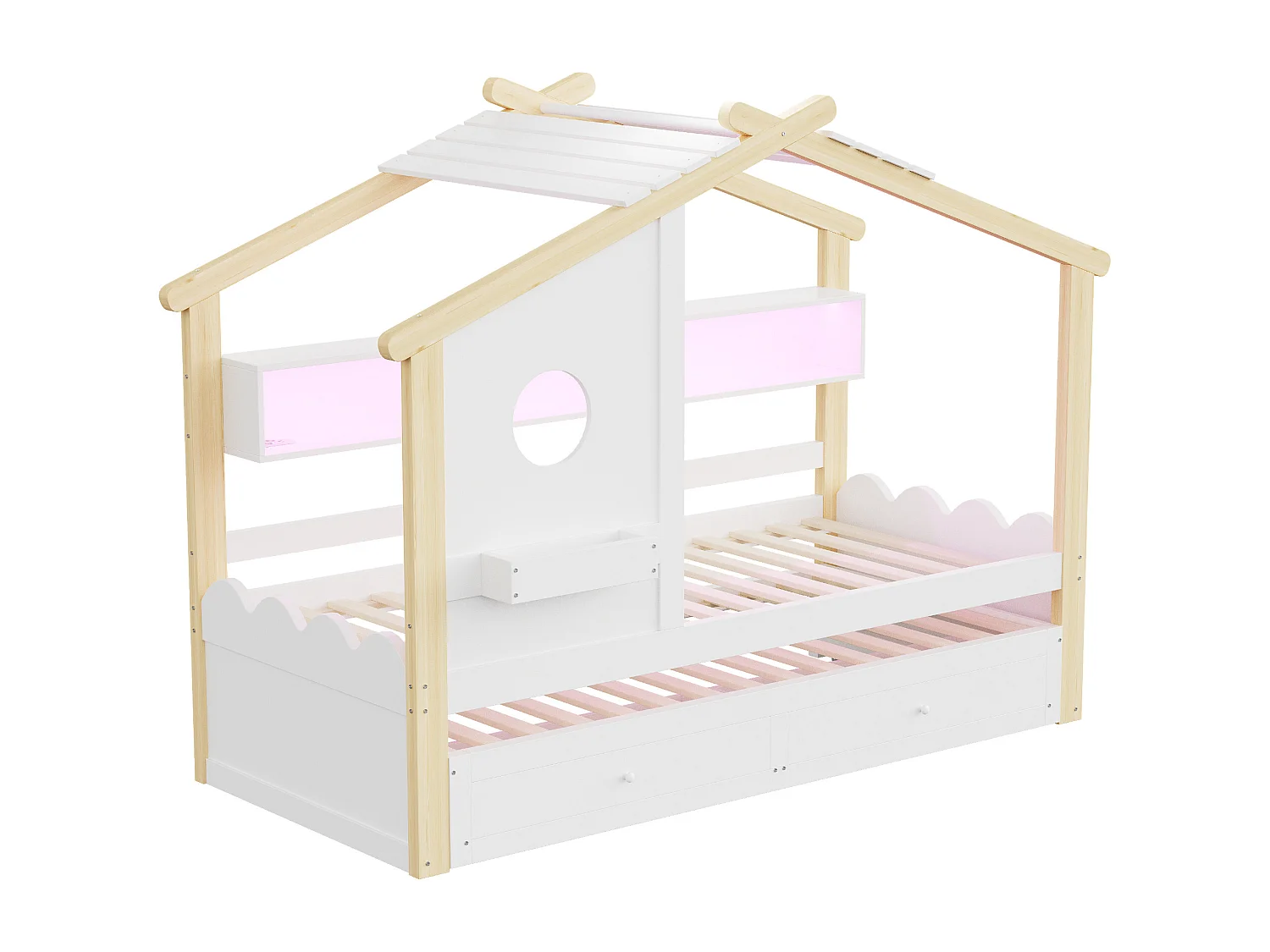 Kinderbett 90x200cm - mit Gästebett 90x190cm - mit 2 Schubladen - mit USB- und Type-C-Ladeanschlüssen - mit LED-Lichtern - weiß+natur​