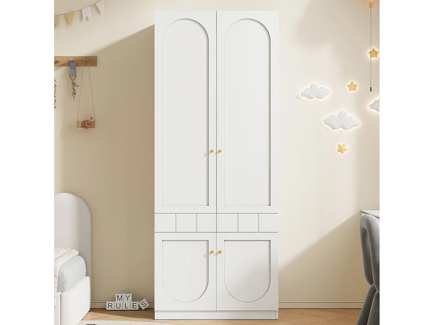 Kinderzimmerschrank – 80 x 50 x 200 cm – mit Kleiderstange und Schubladen – lackiert – MDF – weiß