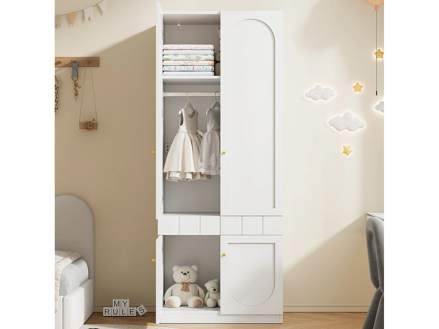 Kinderzimmerschrank – 80 x 50 x 200 cm – mit Kleiderstange und Schubladen – lackiert – MDF – weiß