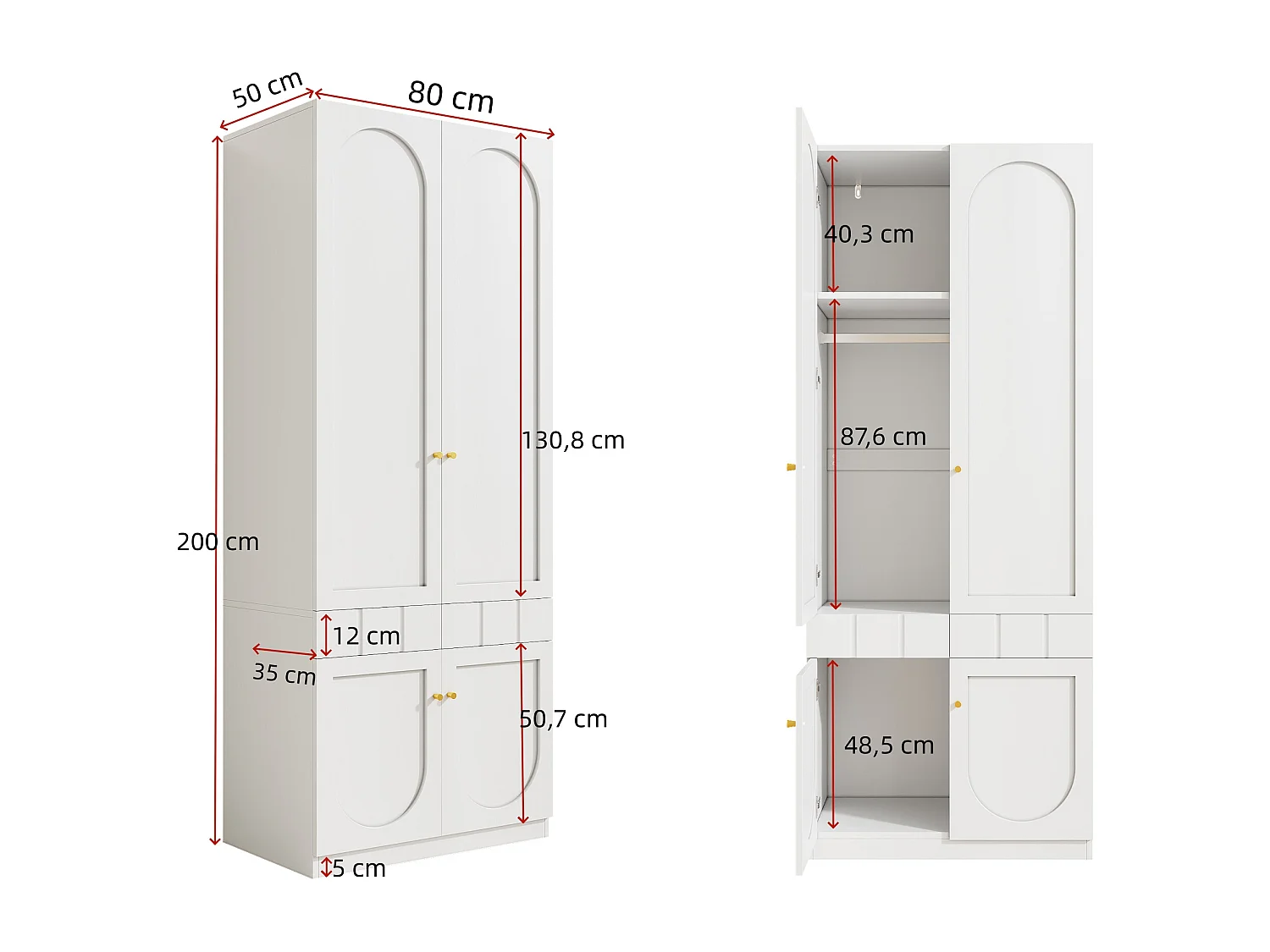 Kinderzimmerschrank – 80 x 50 x 200 cm – mit Kleiderstange und Schubladen – lackiert – MDF – weiß