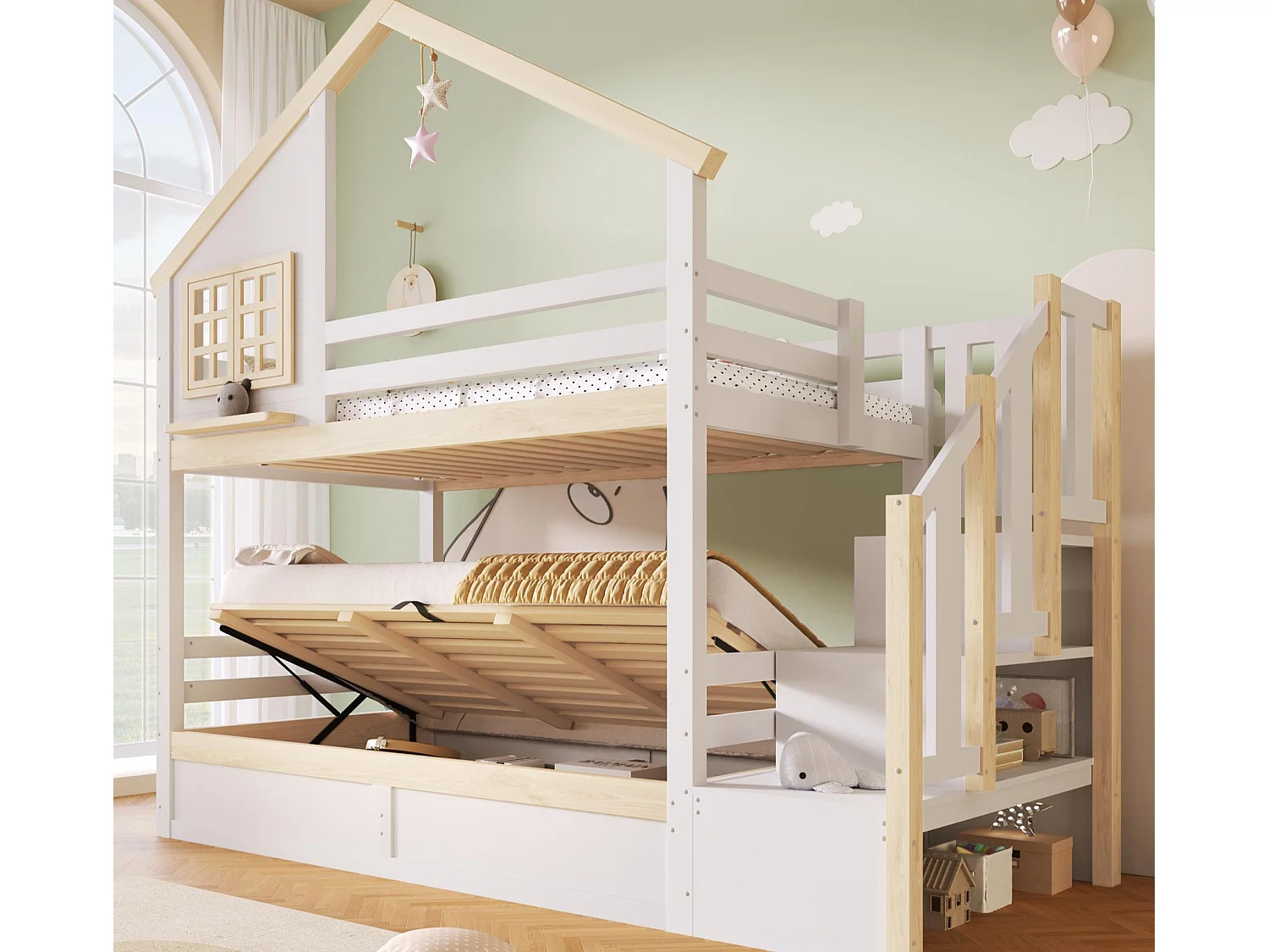 Lit superposé 90x200 cm - avec barrières de lit - avec échelle de rangement - blanc + naturel (matelas non inclus)