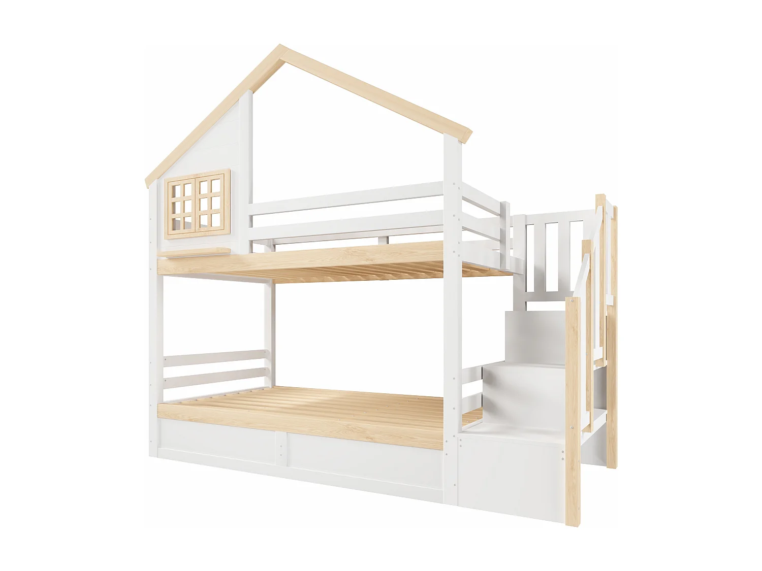 Lit superposé 90x200 cm - avec barrières de lit - avec échelle de rangement - blanc + naturel (matelas non inclus)