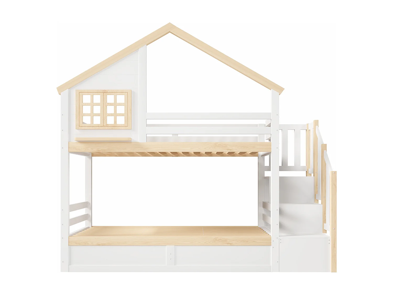 Lit superposé 90x200 cm - avec barrières de lit - avec échelle de rangement - blanc + naturel (matelas non inclus)