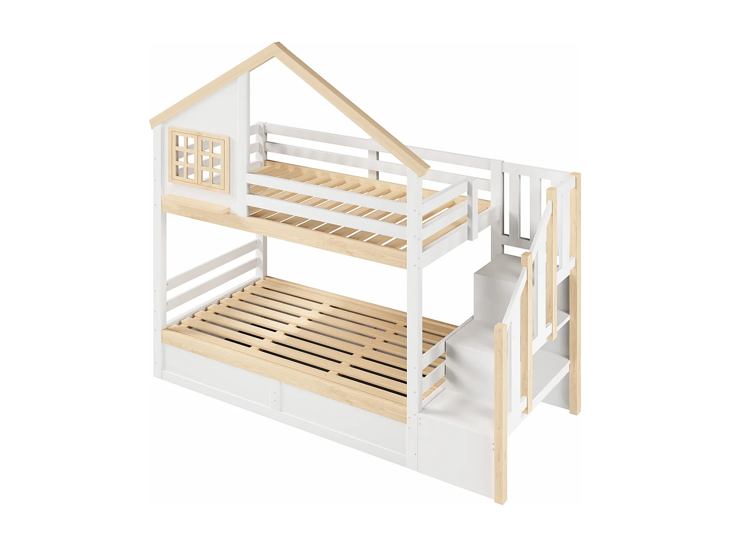 Lit superposé 90x200 cm - avec barrières de lit - avec échelle de rangement - blanc + naturel (matelas non inclus)