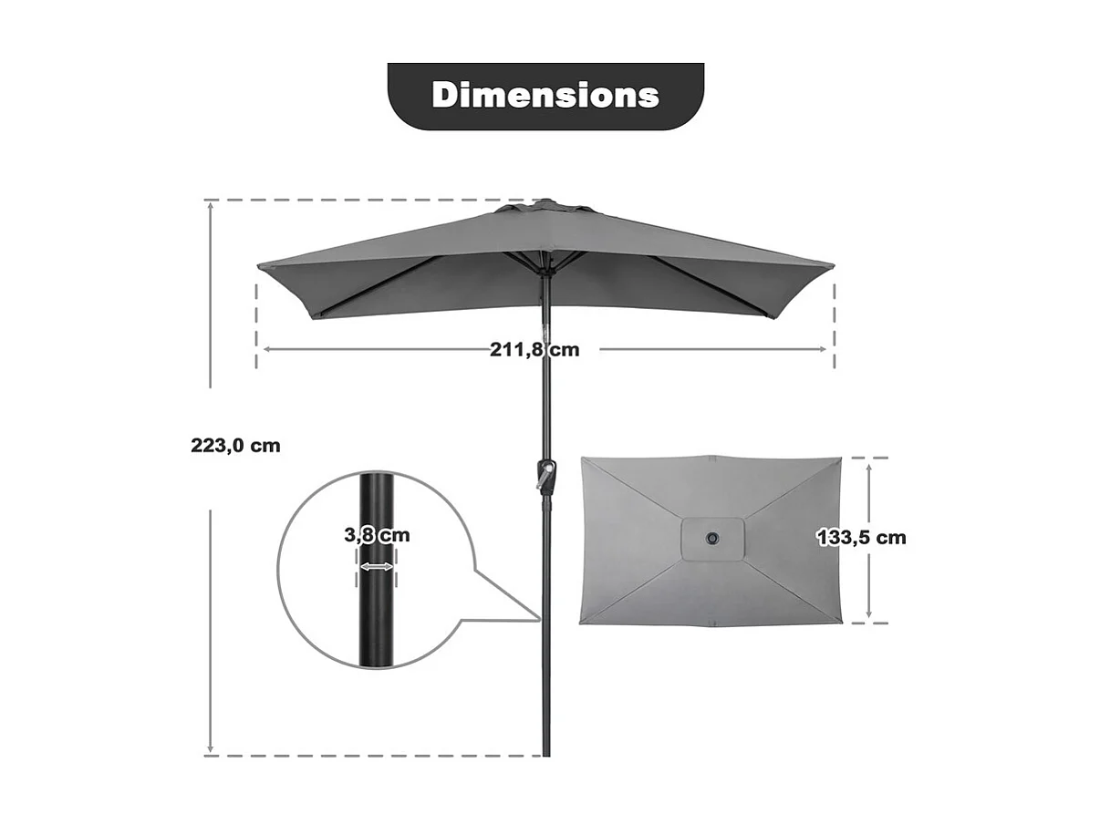Parasol Rectangulaire D Extérieur 212 X 134 Cm Gris