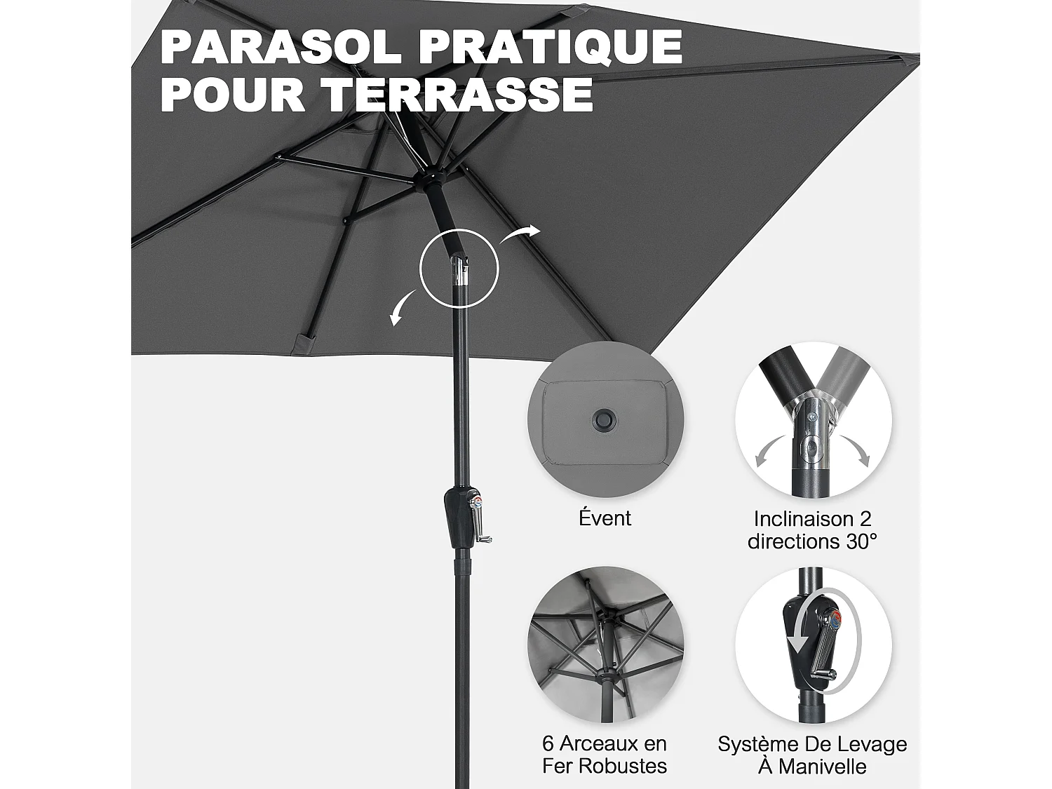 Parasol Rectangulaire D Extérieur 212 X 134 Cm Gris