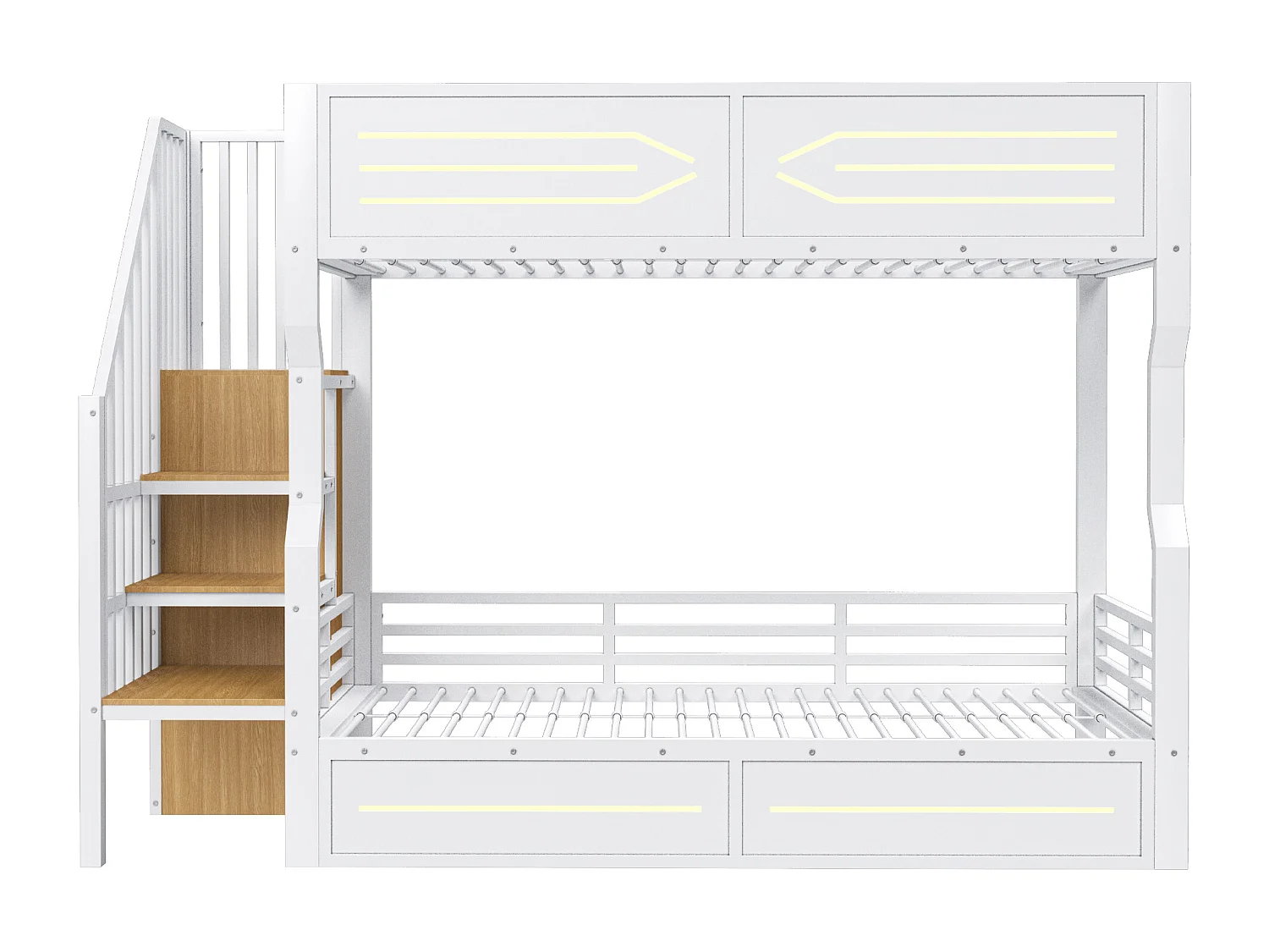 Łóżko piętrowe z kutego żelaza 90×200 cm - z drabiną z pojemnikami - z oświetleniem LED - z drabiną bezpieczeństwa - biały​ (materac nie jest wliczony w cenę)