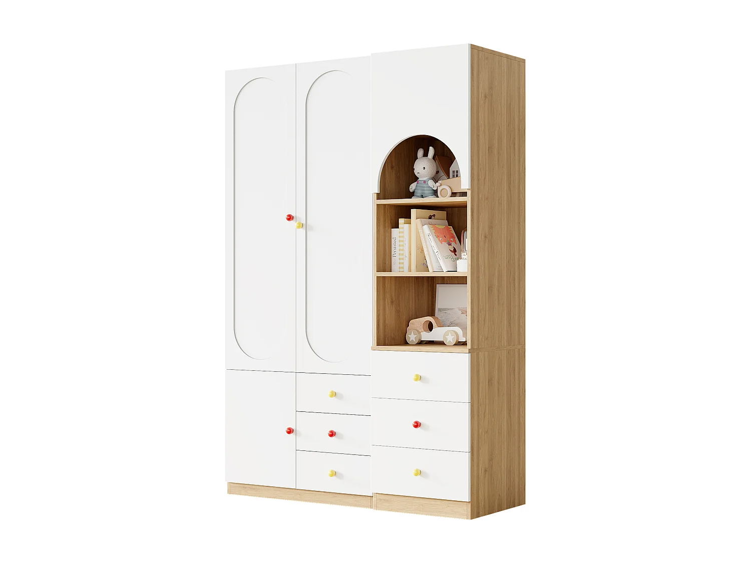 Schlafzimmerschrank-Set – Kombination aus Kleiderschrank und Bücherregal – mit Türen und Schubladen – MDF – weiß