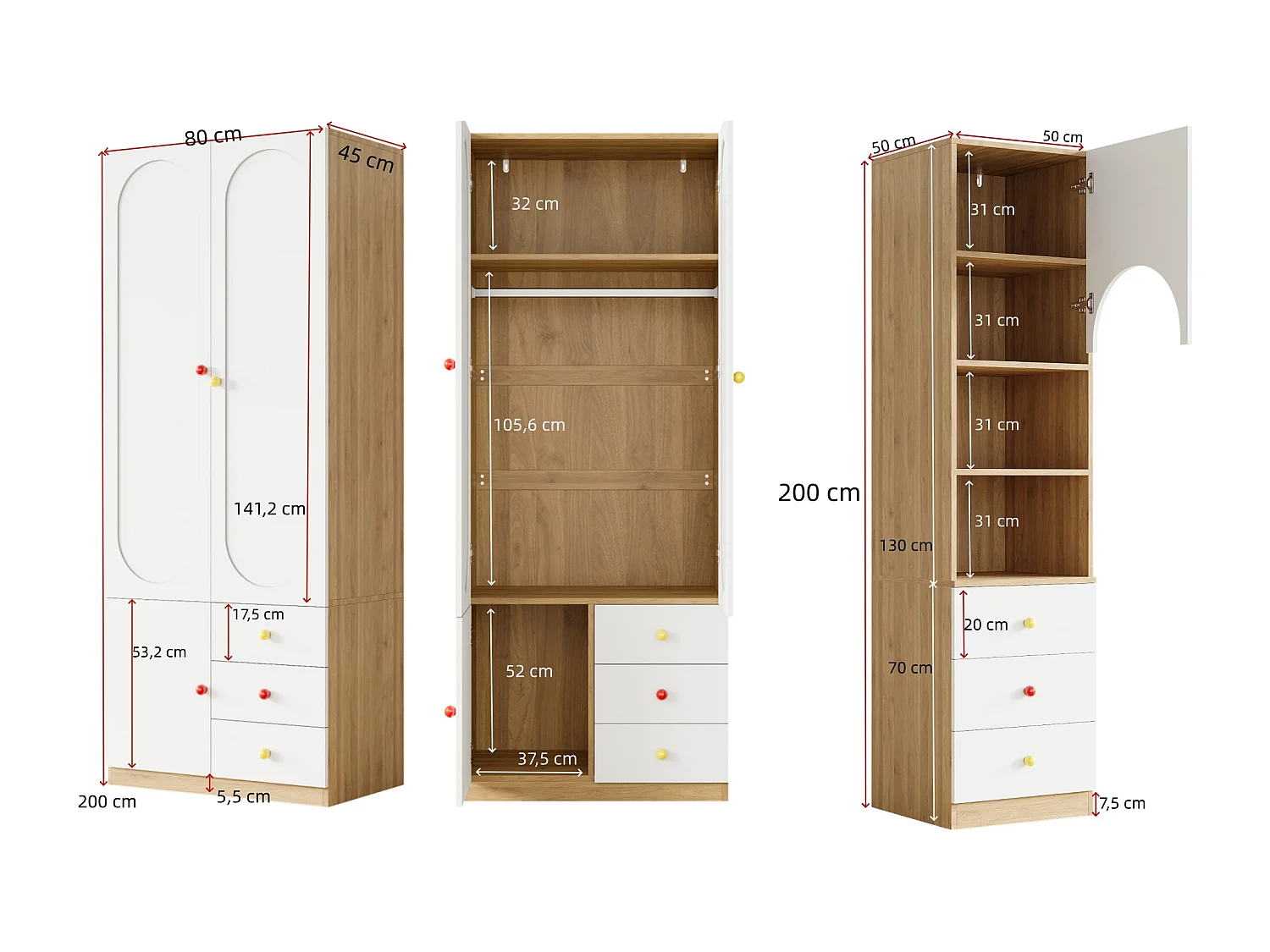 Schlafzimmerschrank-Set – Kombination aus Kleiderschrank und Bücherregal – mit Türen und Schubladen – MDF – weiß