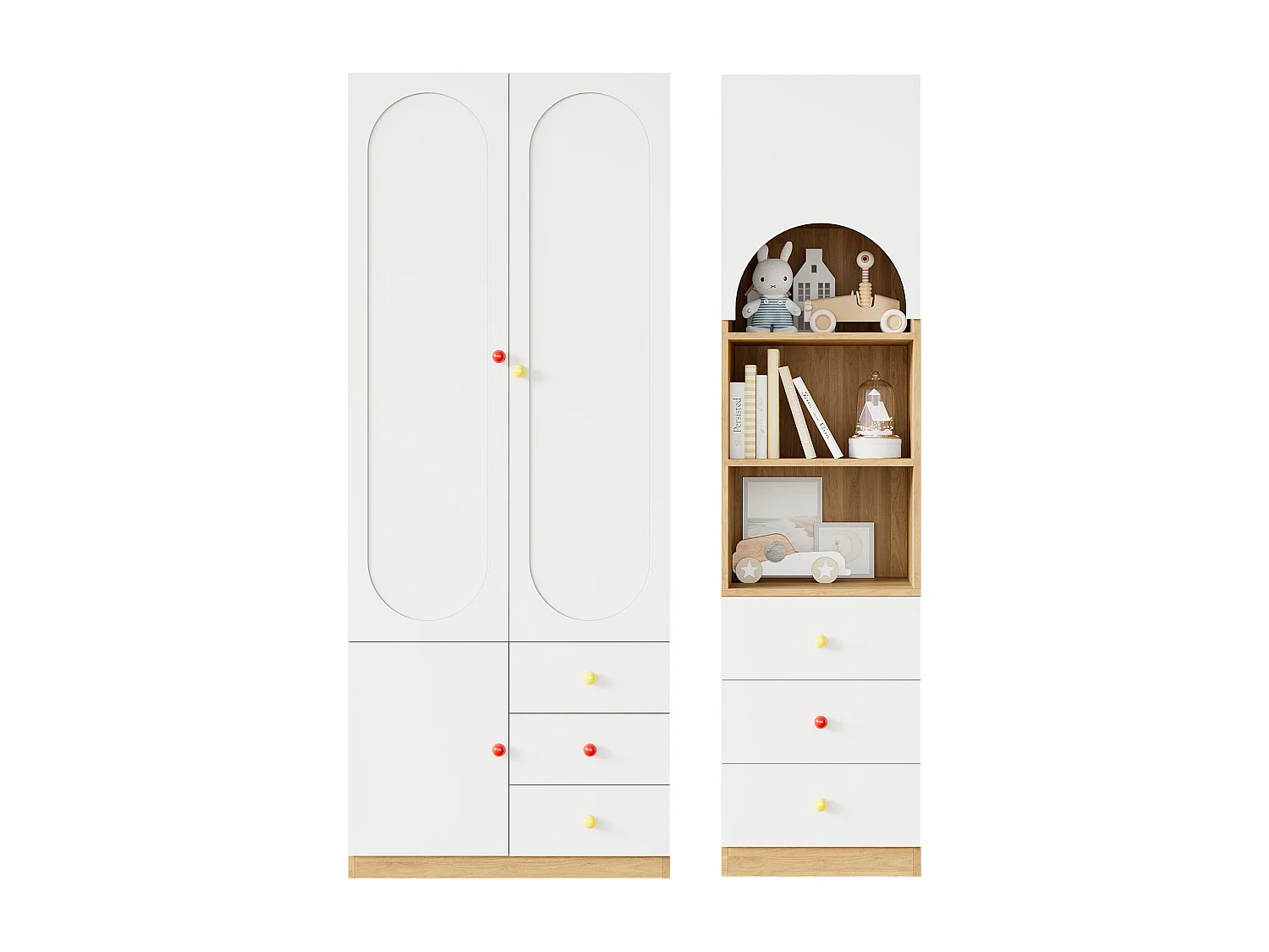 Schlafzimmerschrank-Set – Kombination aus Kleiderschrank und Bücherregal – mit Türen und Schubladen – MDF – weiß