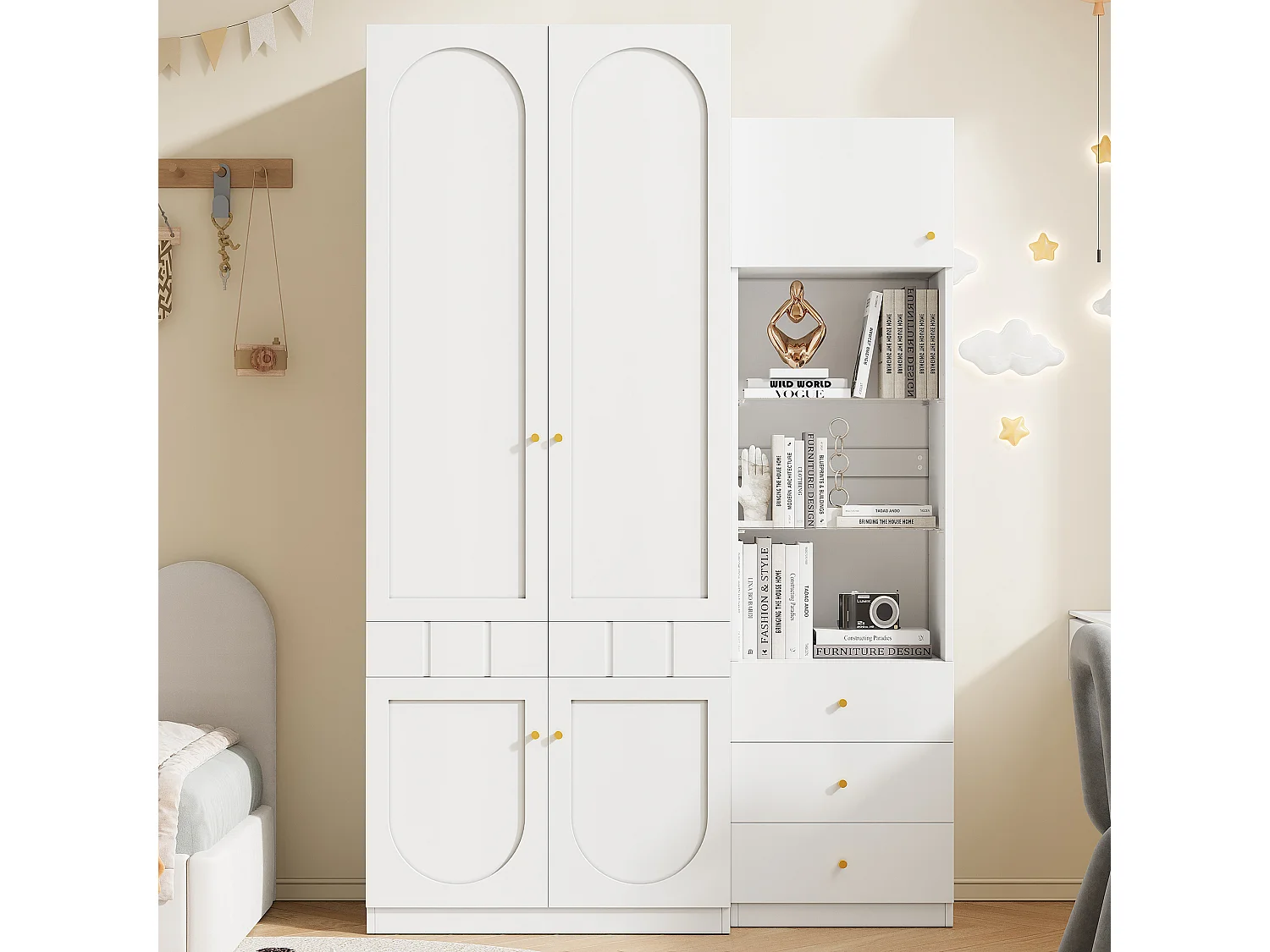 Schlafzimmerschrank-Set – Kombination aus Kleiderschrank und Bücherregal – mit Türen und Schubladen – MDF – weiß