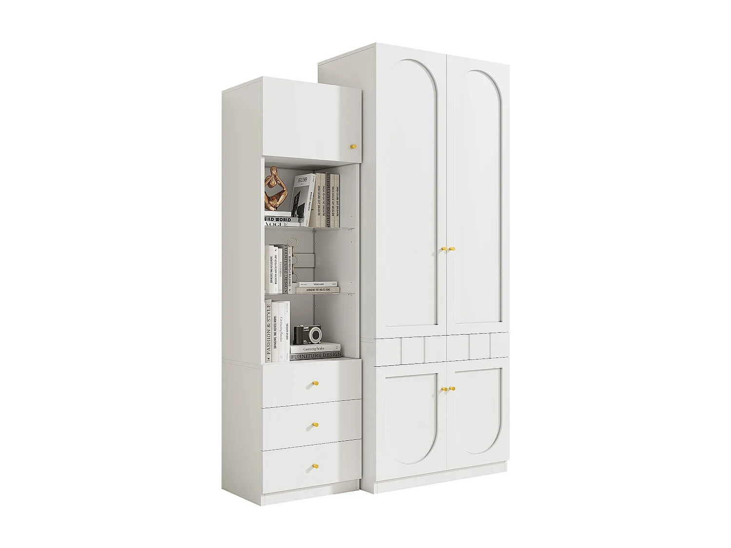 Schlafzimmerschrank-Set – Kombination aus Kleiderschrank und Bücherregal – mit Türen und Schubladen – MDF – weiß