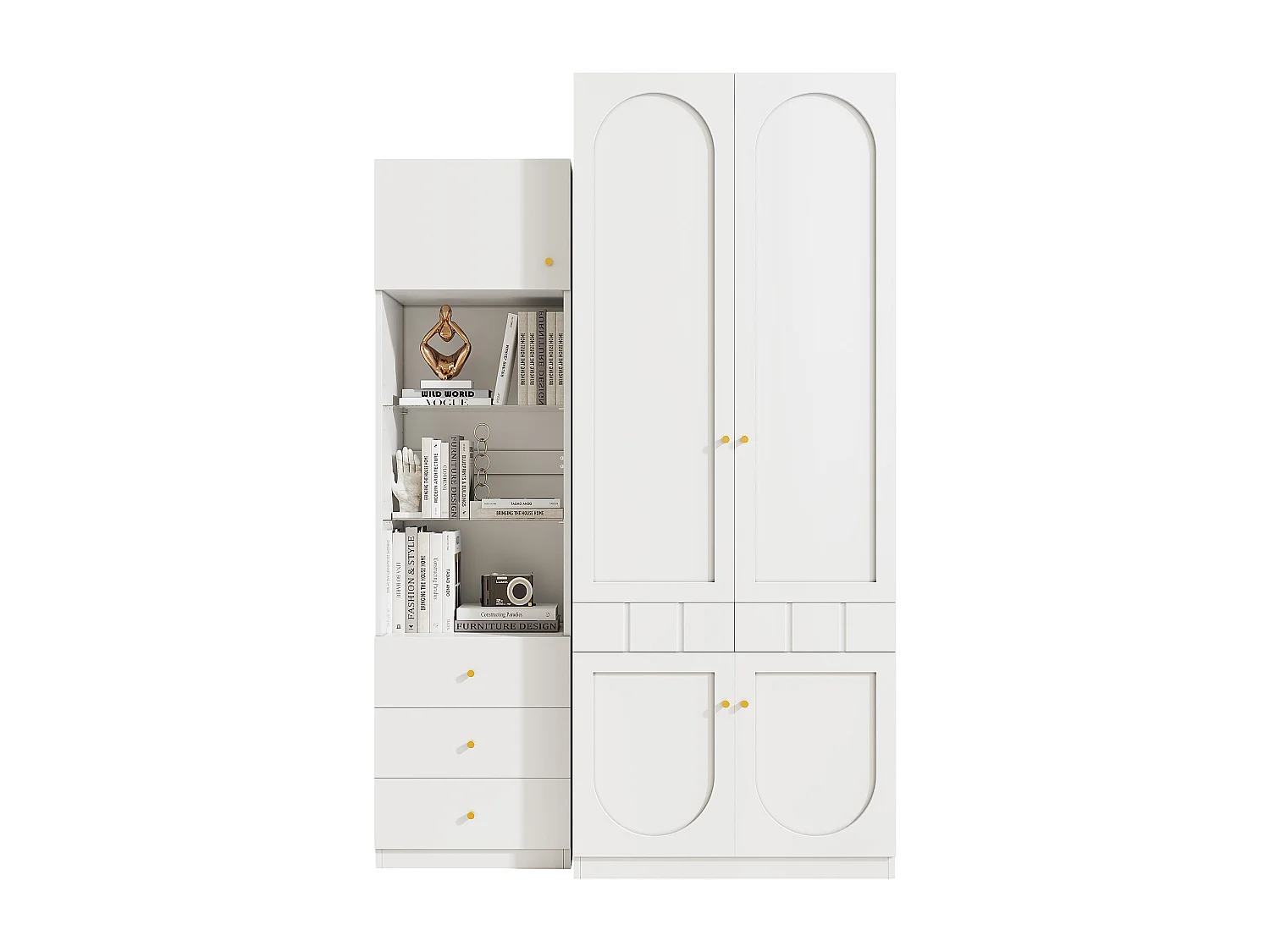 Schlafzimmerschrank-Set – Kombination aus Kleiderschrank und Bücherregal – mit Türen und Schubladen – MDF – weiß