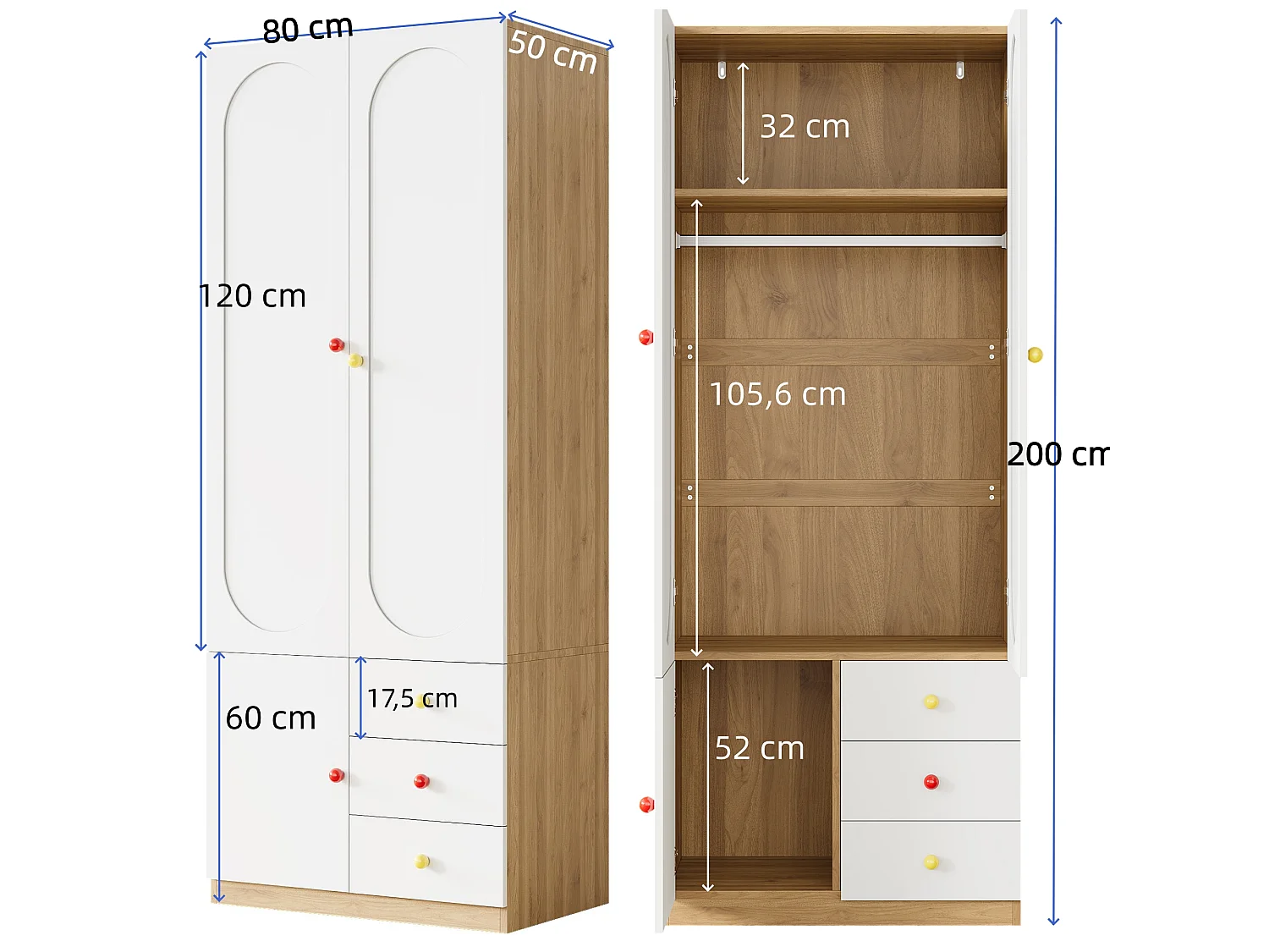 Lot de 2 armoires de chambre pour enfant - 2 x 80 x 50 x 200 cm - avec 4 portes + 6 tiroirs - surface laquée - MDF - blanc