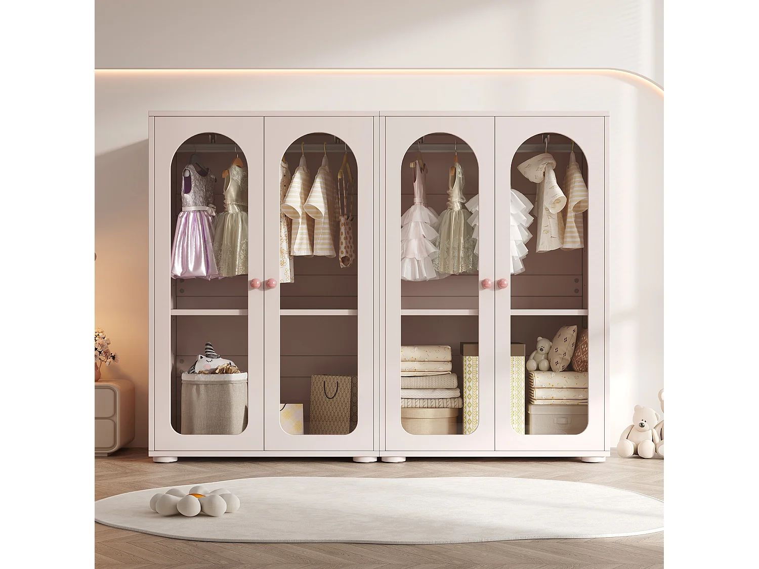 Lot de 2 armoires laquée pour enfant - 2 x 80 x 50 x 120 cm - avec tringle + 4 portes en acrylique transparent - MDF - rose