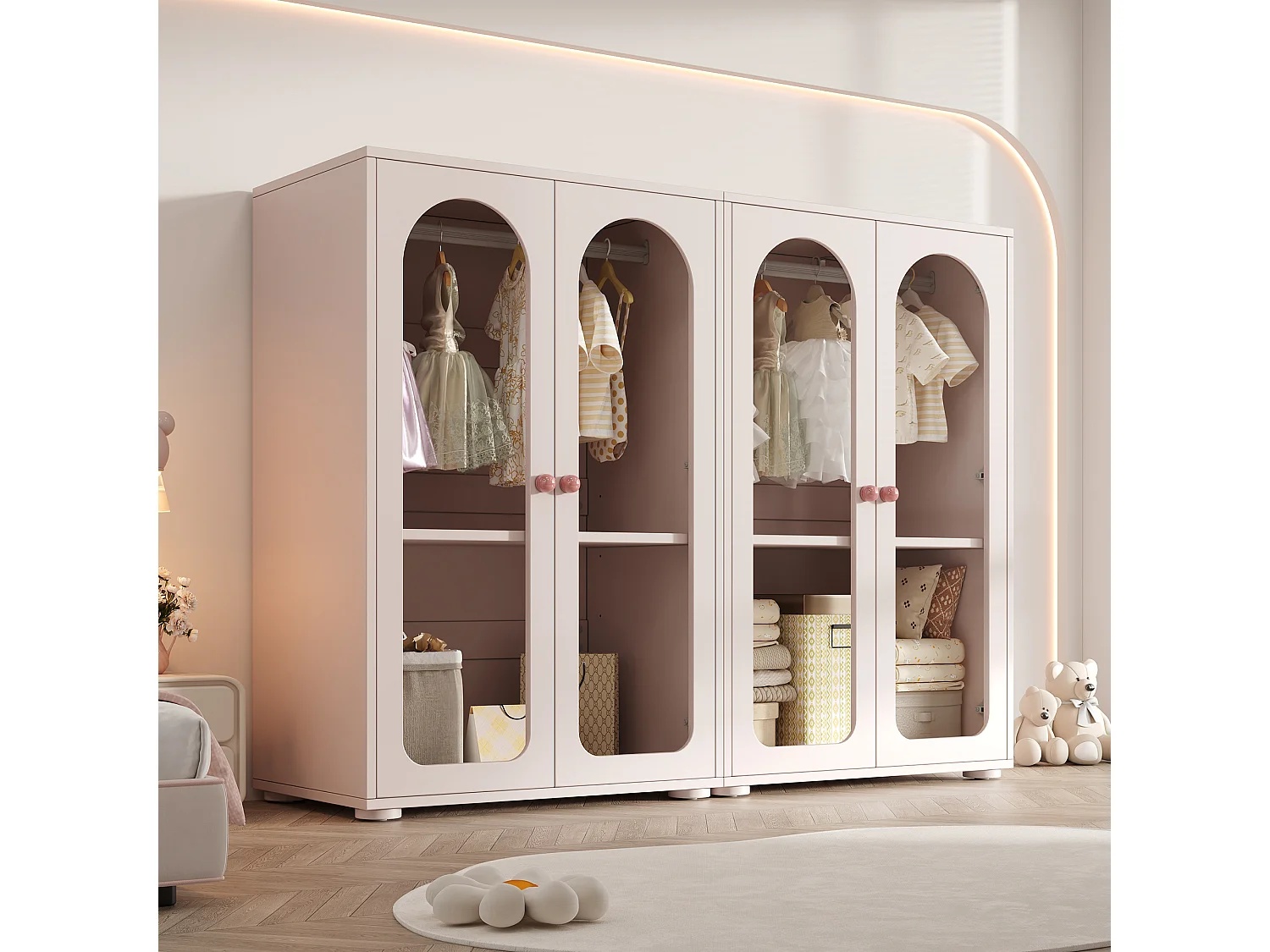 Lot de 2 armoires laquée pour enfant - 2 x 80 x 50 x 120 cm - avec tringle + 4 portes en acrylique transparent - MDF - rose