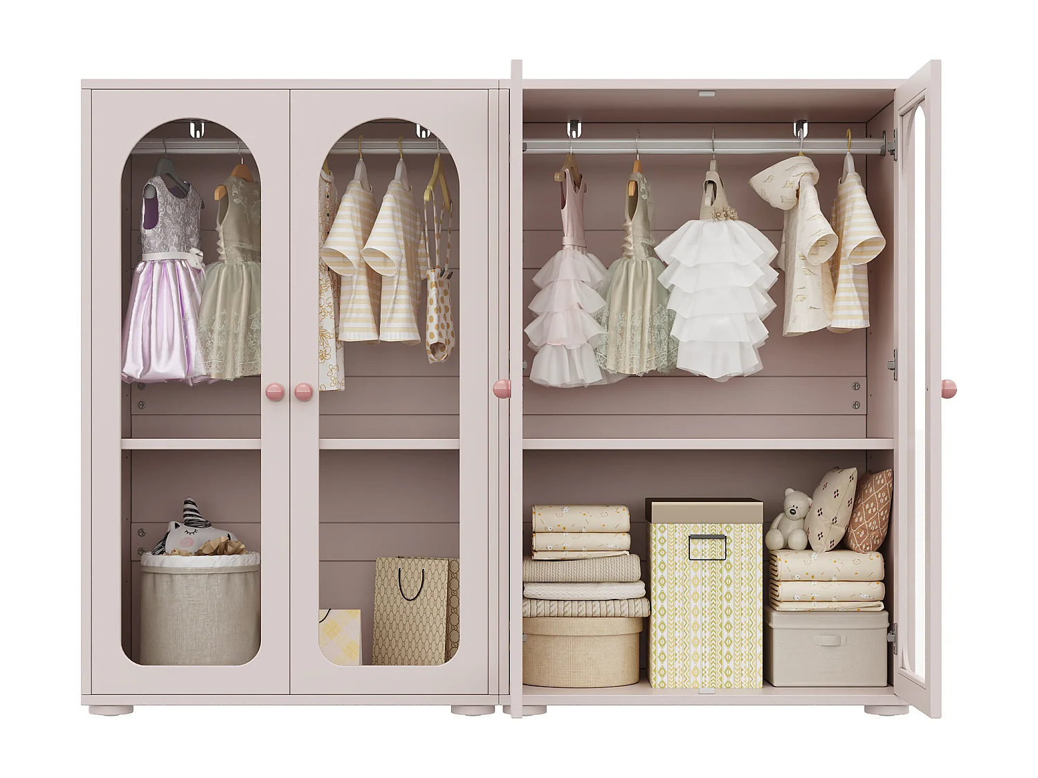 Lot de 2 armoires laquée pour enfant - 2 x 80 x 50 x 120 cm - avec tringle + 4 portes en acrylique transparent - MDF - rose