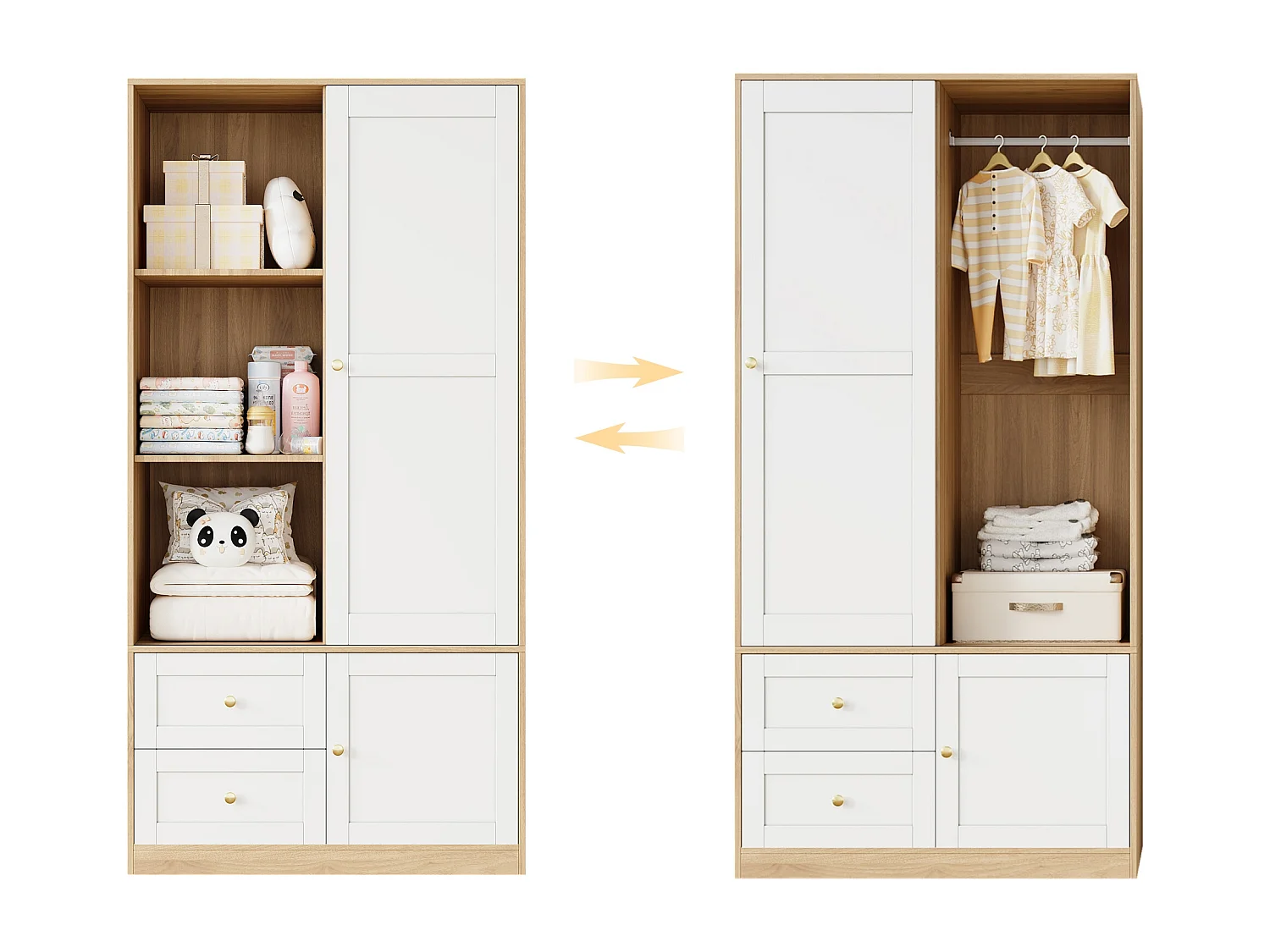 Armoire à portes coulissantes - 90 x 50 x 180 cm - avec penderie + tiroirs - MDF - naturel + blanc