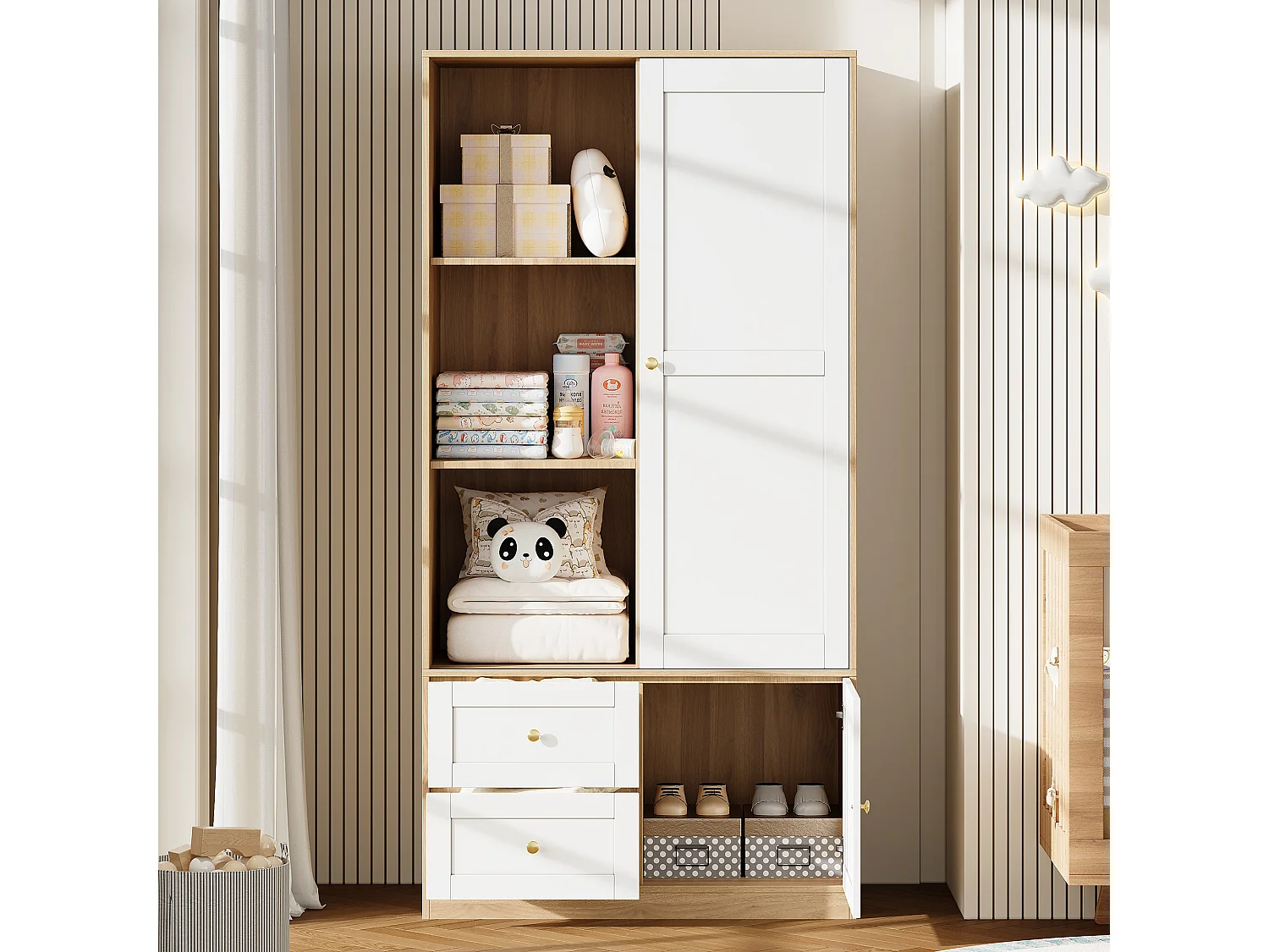 Armoire à portes coulissantes - 90 x 50 x 180 cm - avec penderie + tiroirs - MDF - naturel + blanc