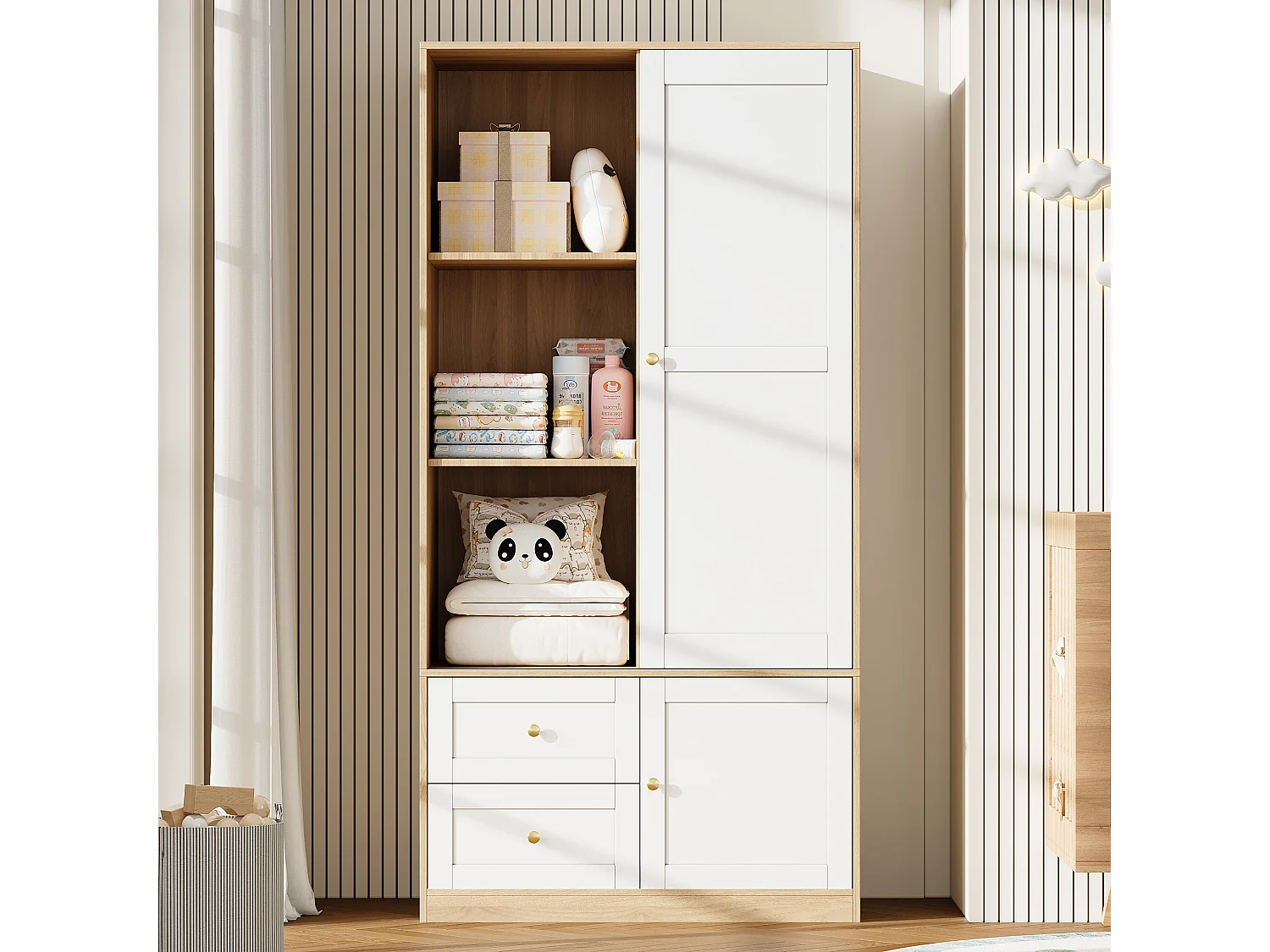 Armoire à portes coulissantes - 90 x 50 x 180 cm - avec penderie + tiroirs - MDF - naturel + blanc
