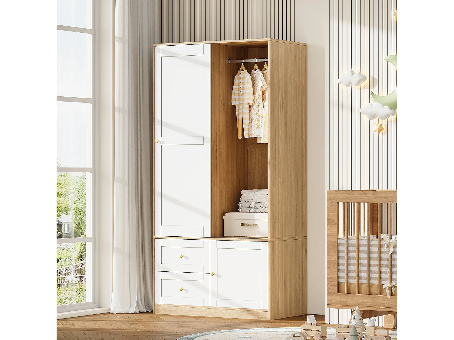 Armoire à portes coulissantes - 90 x 50 x 180 cm - avec penderie + tiroirs - MDF - naturel + blanc