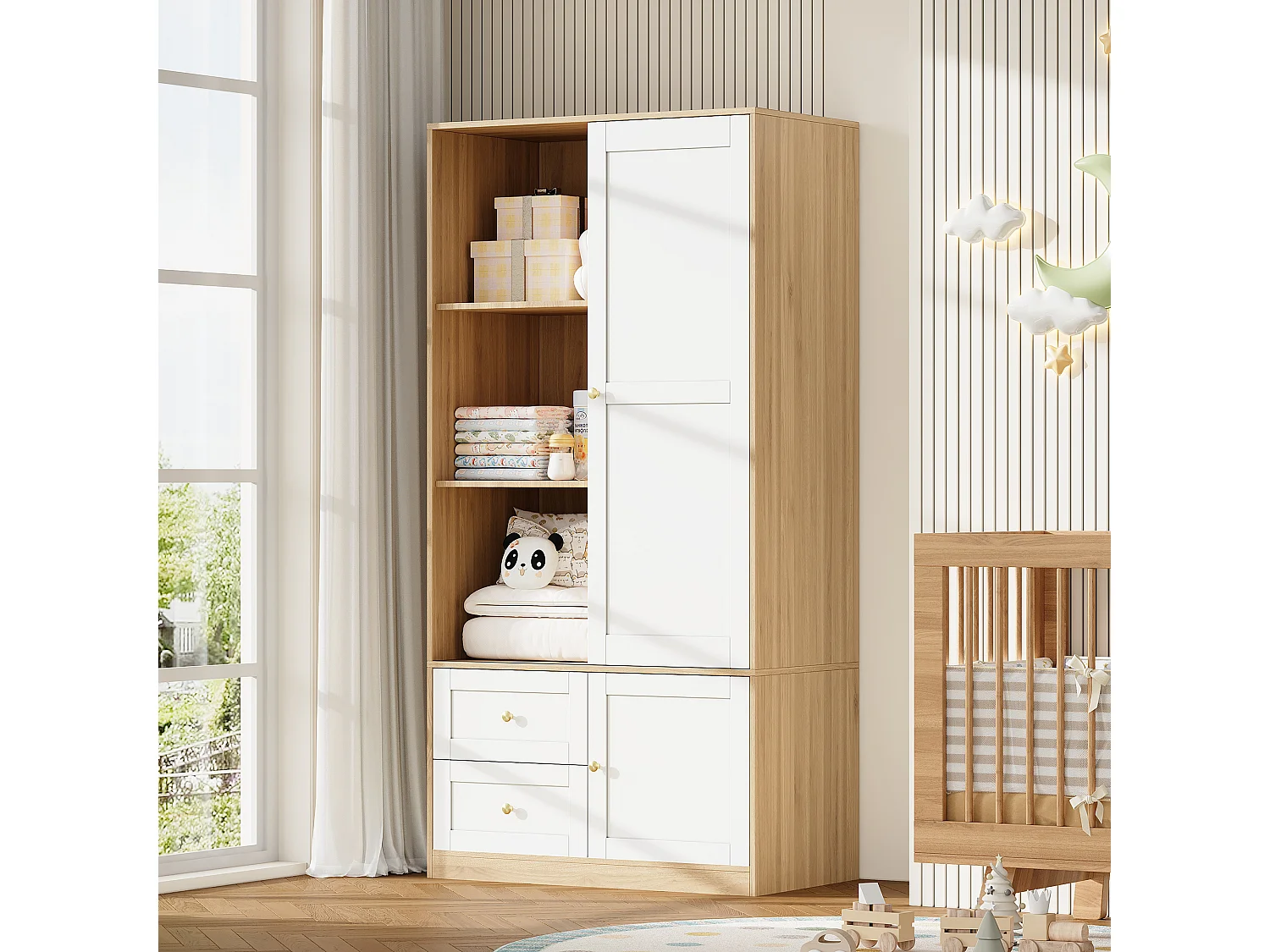 Armoire à portes coulissantes - 90 x 50 x 180 cm - avec penderie + tiroirs - MDF - naturel + blanc