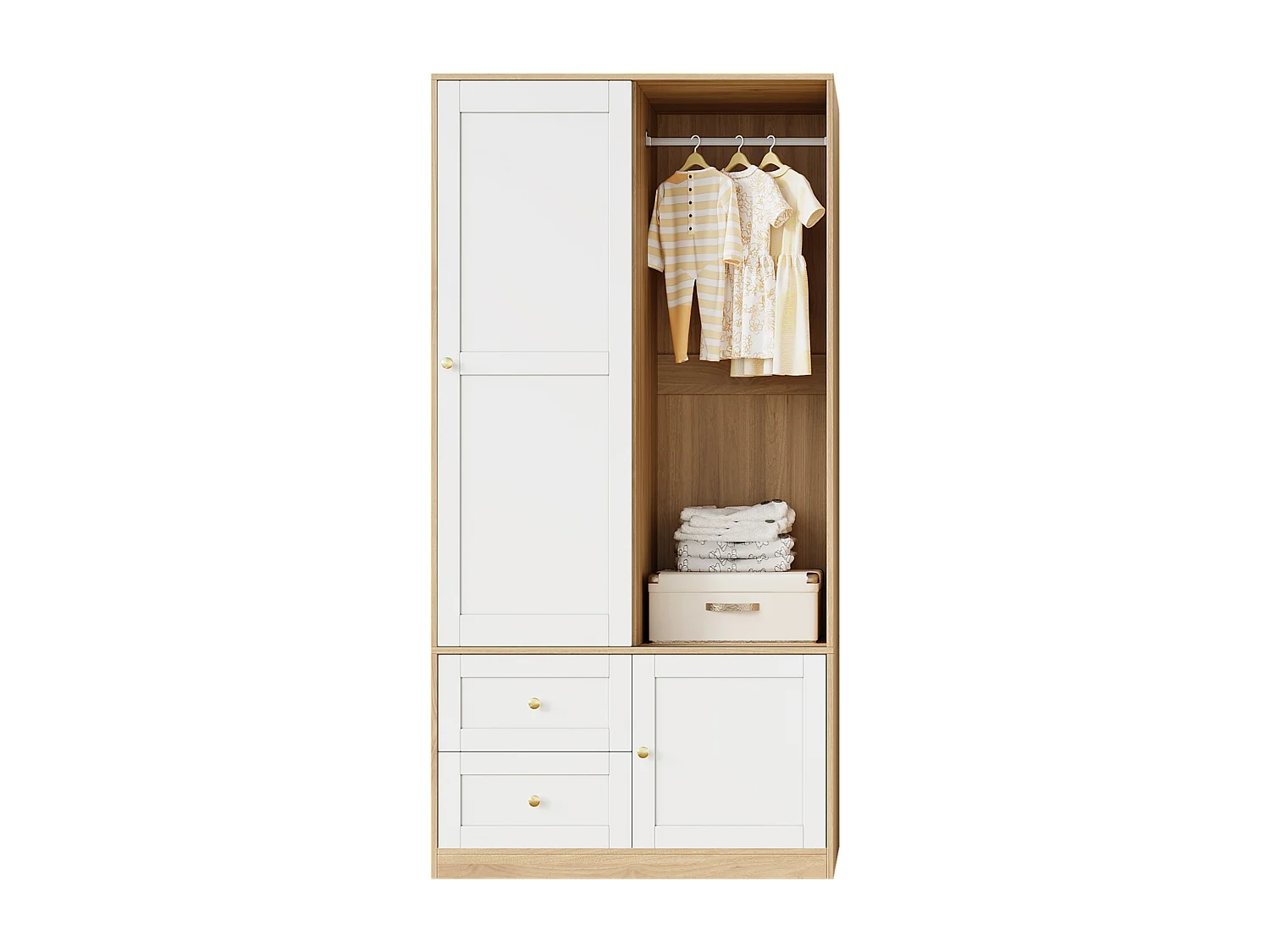 Armoire à portes coulissantes - 90 x 50 x 180 cm - avec penderie + tiroirs - MDF - naturel + blanc