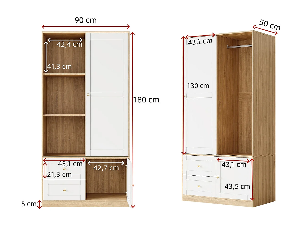 Armoire à portes coulissantes - 90 x 50 x 180 cm - avec penderie + tiroirs - MDF - naturel + blanc