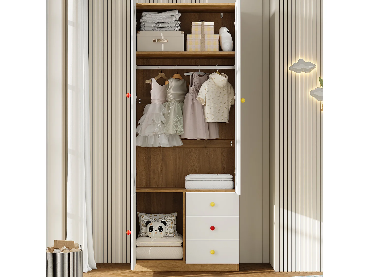 Kinderzimmerschrank – 80 x 45 x 200 cm – mit 2 Türen und 3 Schubladen – lackierte Oberfläche – MDF – weiß