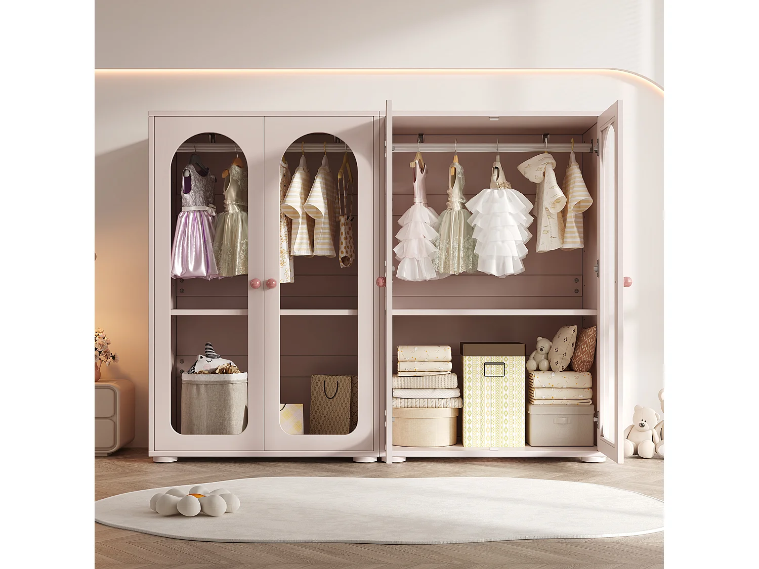 Armoire laquée pour enfant - 80 x 50 x 120 cm - avec tringle + 2 portes en acrylique transparent - MDF - rose