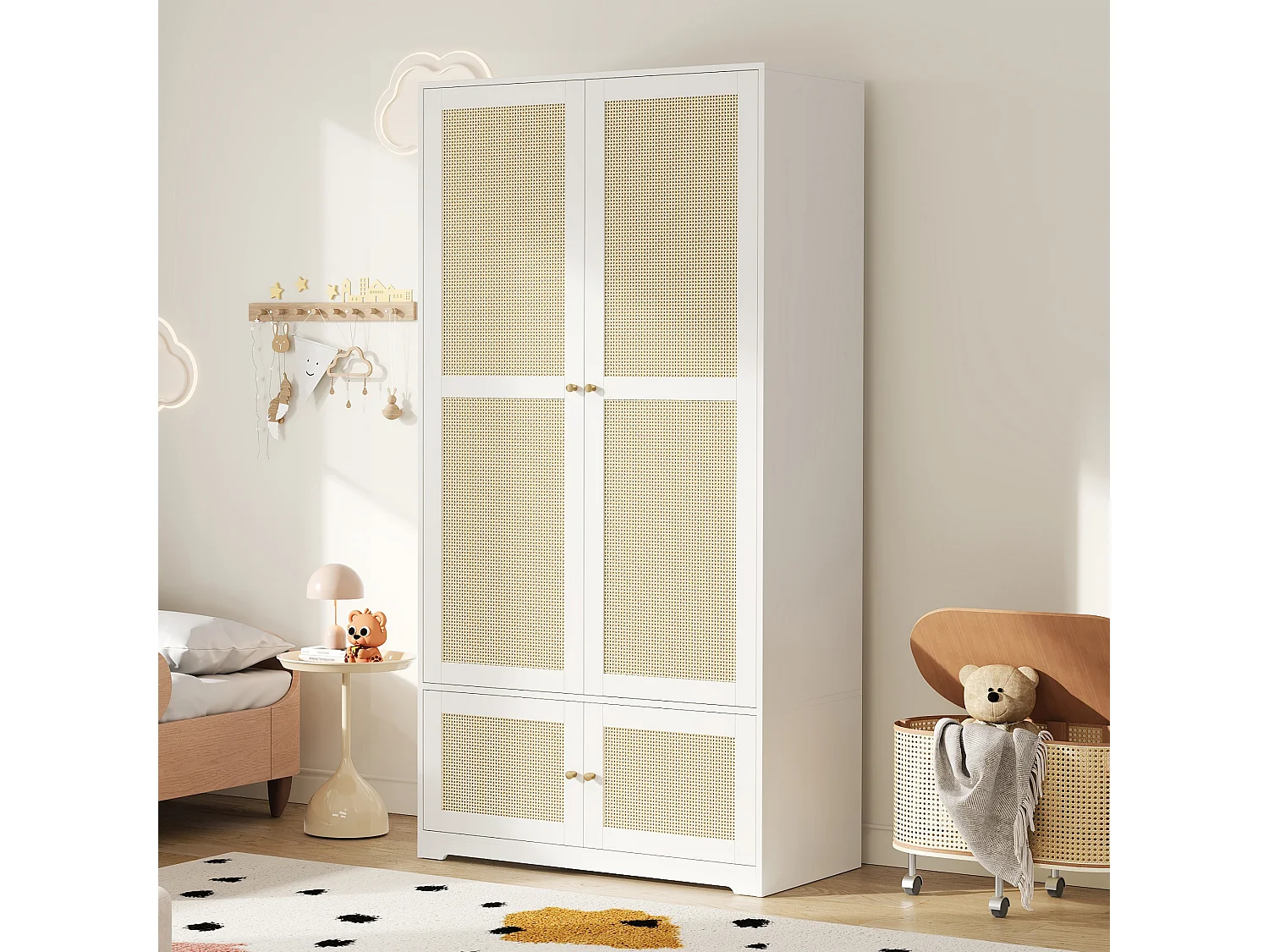 Rattan-Schrank 90 x 48 x 180 cm - Mit Kleiderstange und Regalen - 4 Rattantüren - MDF-Platten und lackiert - Weiß