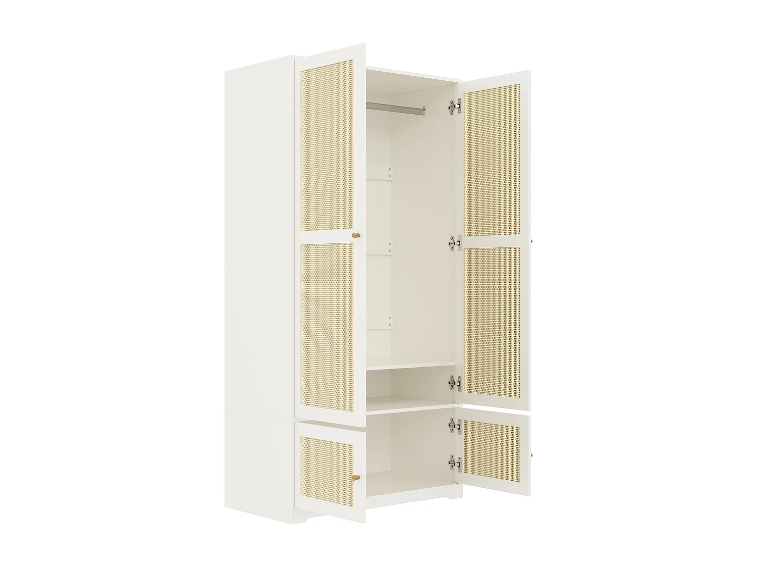 Rattan-Schrank 90 x 48 x 180 cm - Mit Kleiderstange und Regalen - 4 Rattantüren - MDF-Platten und lackiert - Weiß