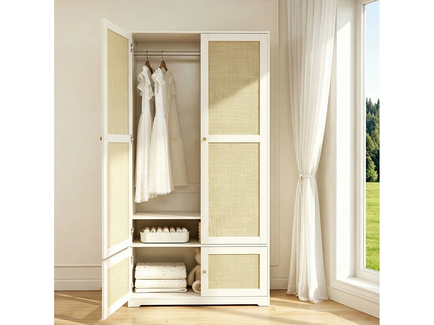 Rattan garderobe 90 x 48 x 180 cm - med bøjlestang og hylder - 4 rattan døre - MDF og lakerede paneler - hvid