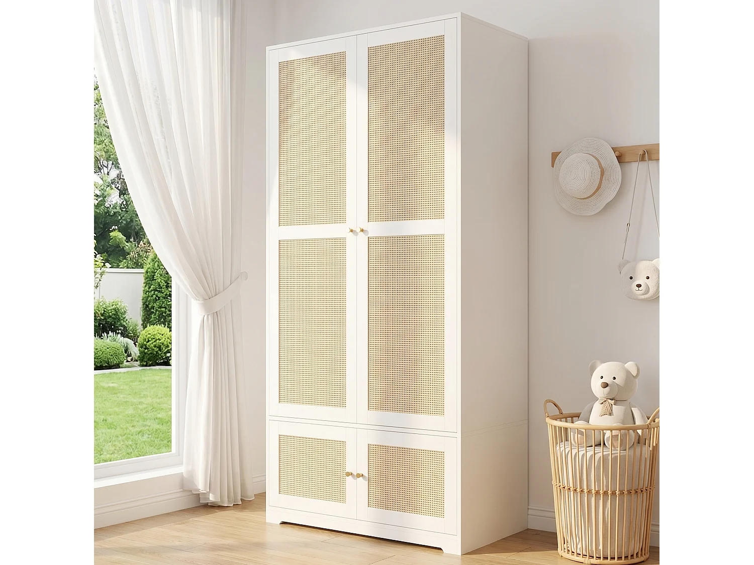 Rattan garderobe 90 x 48 x 180 cm - med bøjlestang og hylder - 4 rattan døre - MDF og lakerede paneler - hvid