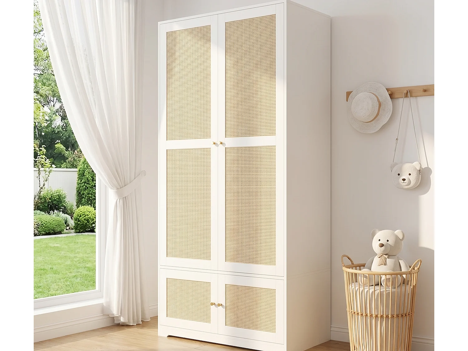 Rattan garderobe 90 x 48 x 180 cm - med bøjlestang og hylder - 4 rattan døre - MDF og lakerede paneler - hvid
